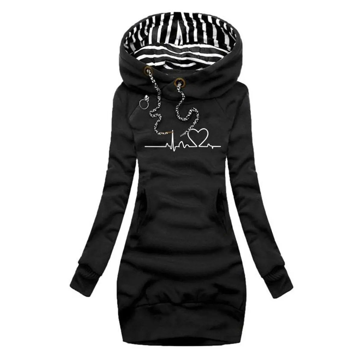 Women's Heartbeat Print Hooded Long Sleeve Dress Jumper - Black