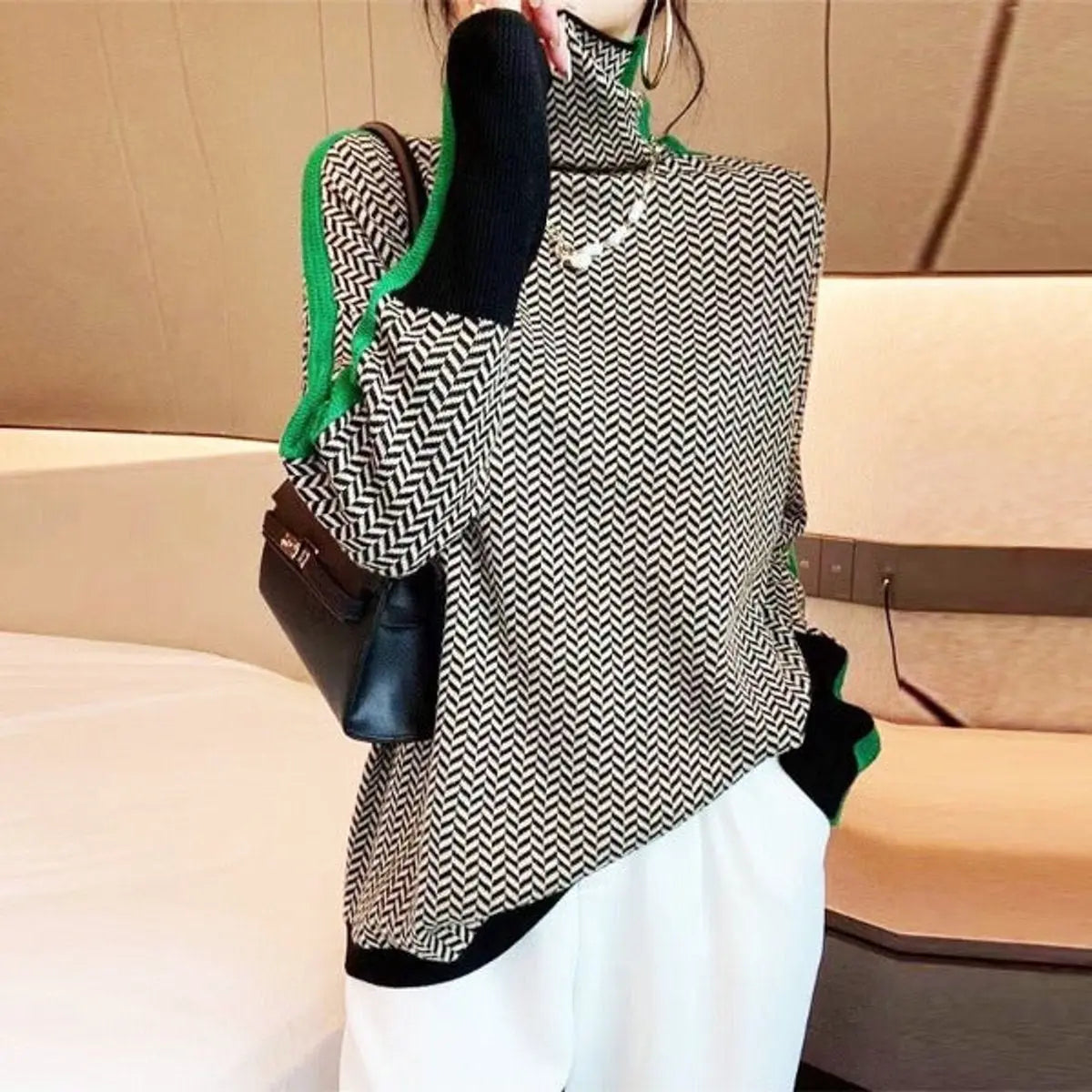 Women's Herringbone High-Neck Turtleneck Sweater Contrast Trim - Green