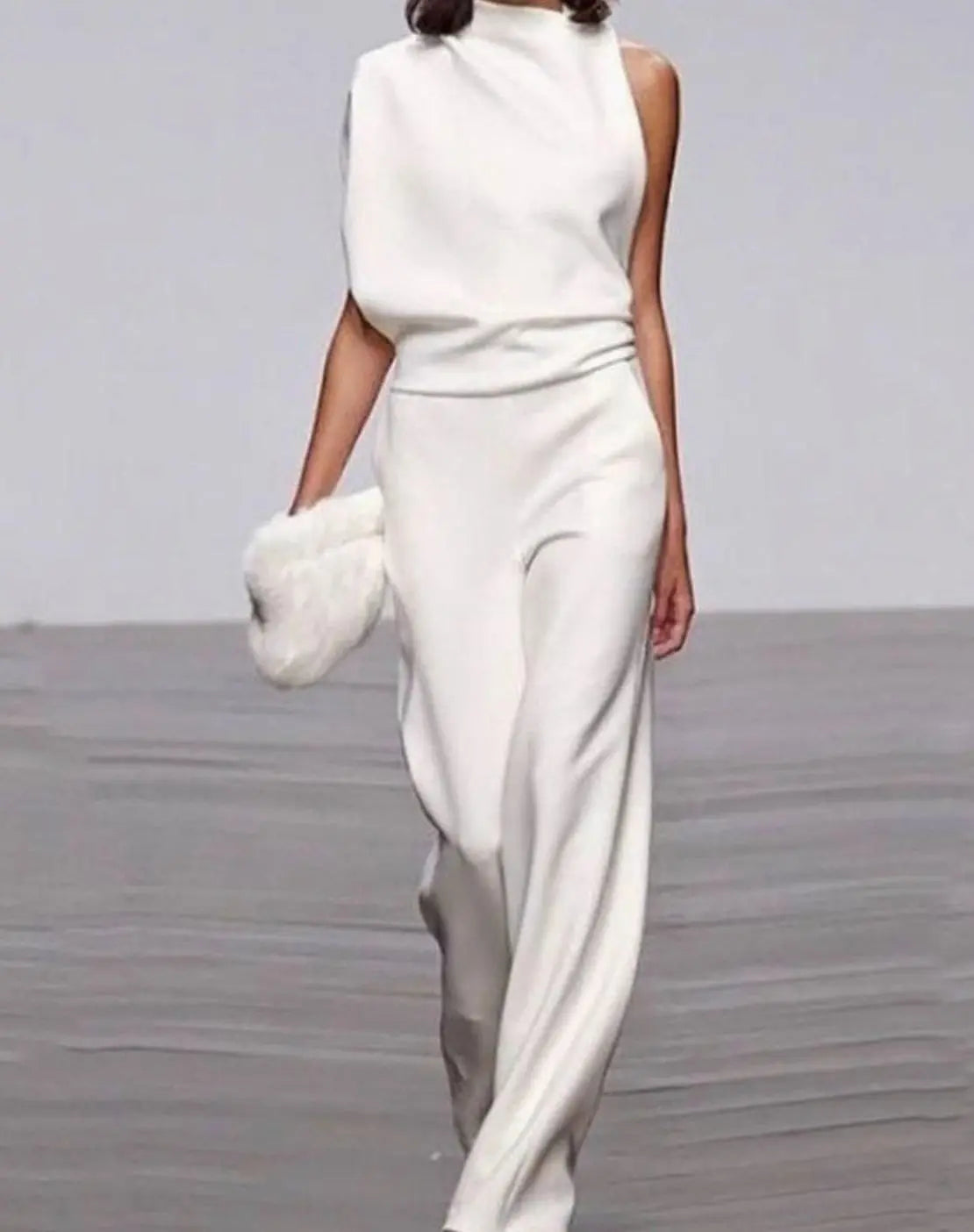 Women's High Neck Asymmetric Shoulder Jumpsuit Wide-Leg Formal - White