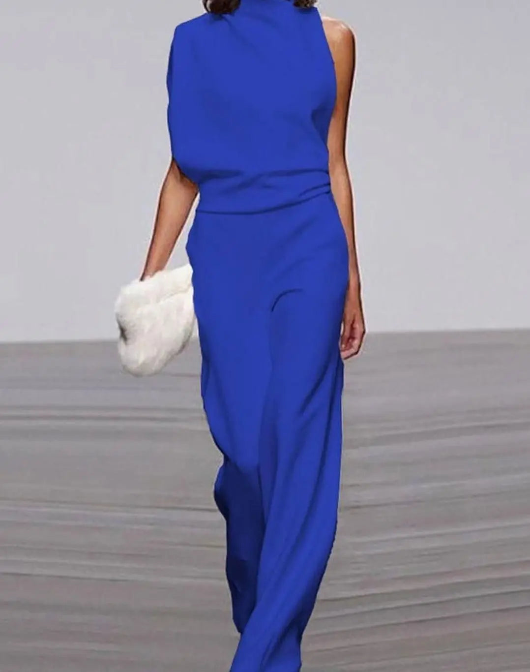 Women's High Neck Asymmetric Shoulder Jumpsuit Wide-Leg Formal - Blue
