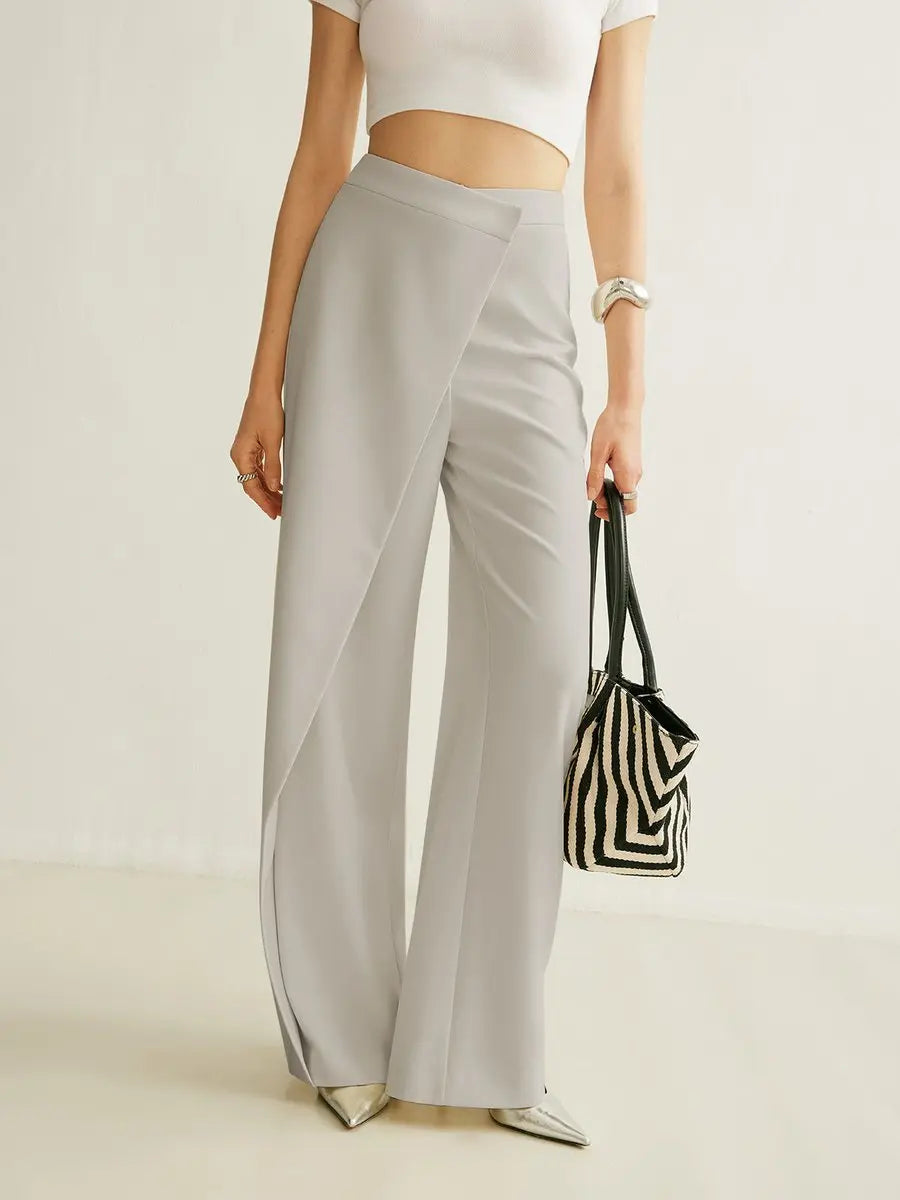 Women's High-Waist Asymmetric Wrap Wide Leg Trousers - Grey