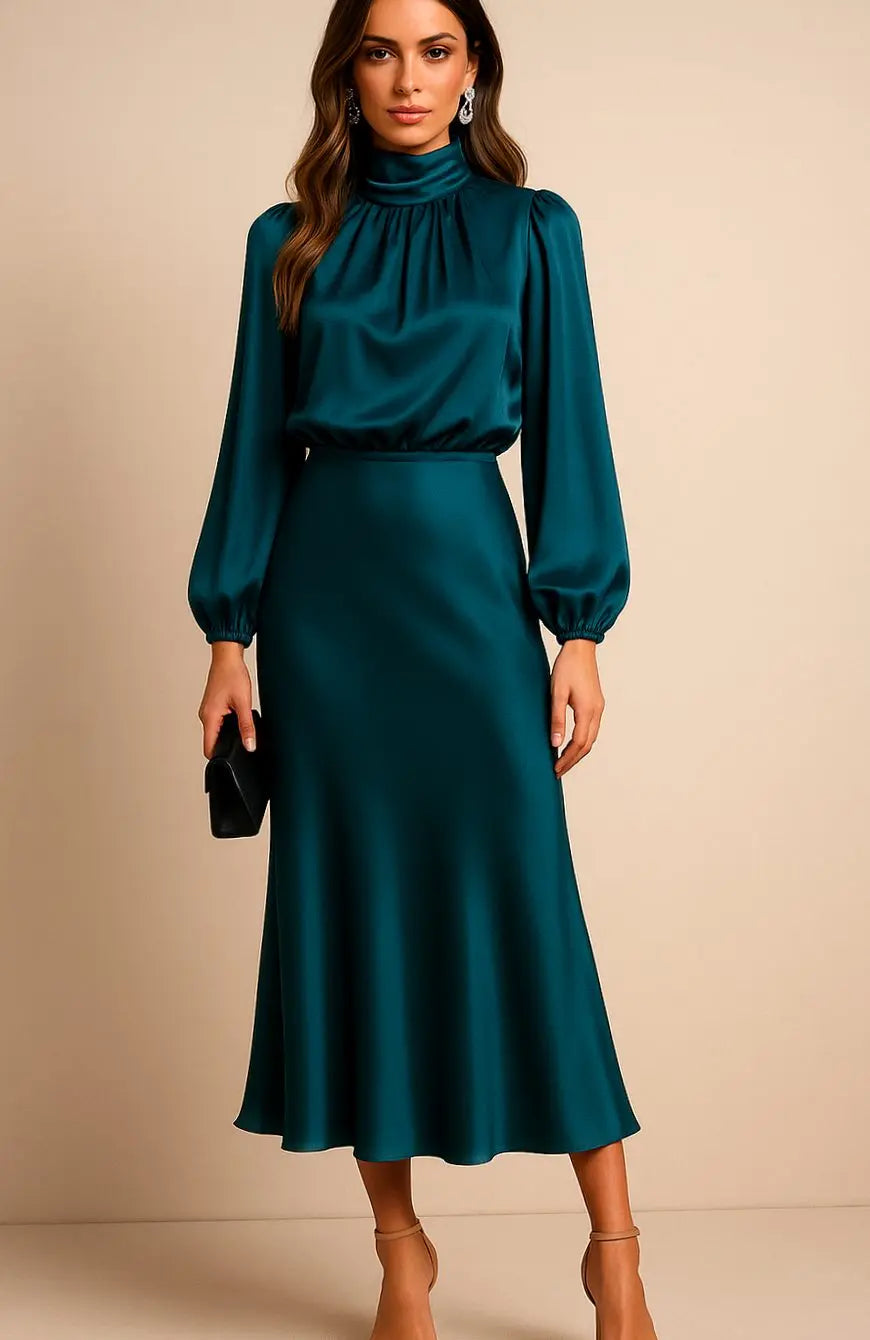 Women's High-Waist Satin Long-Sleeve Mock-Neck Midi Dress