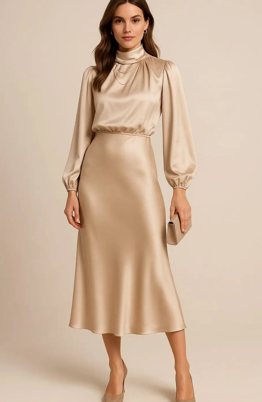 Women's High-Waist Satin Long-Sleeve Mock-Neck Midi Dress