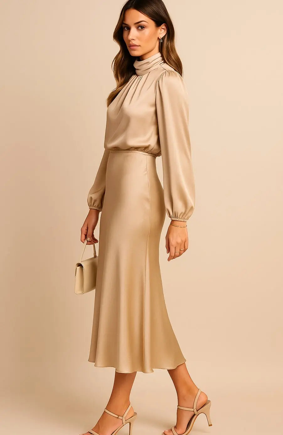 Women's High-Waist Satin Long-Sleeve Mock-Neck Midi Dress