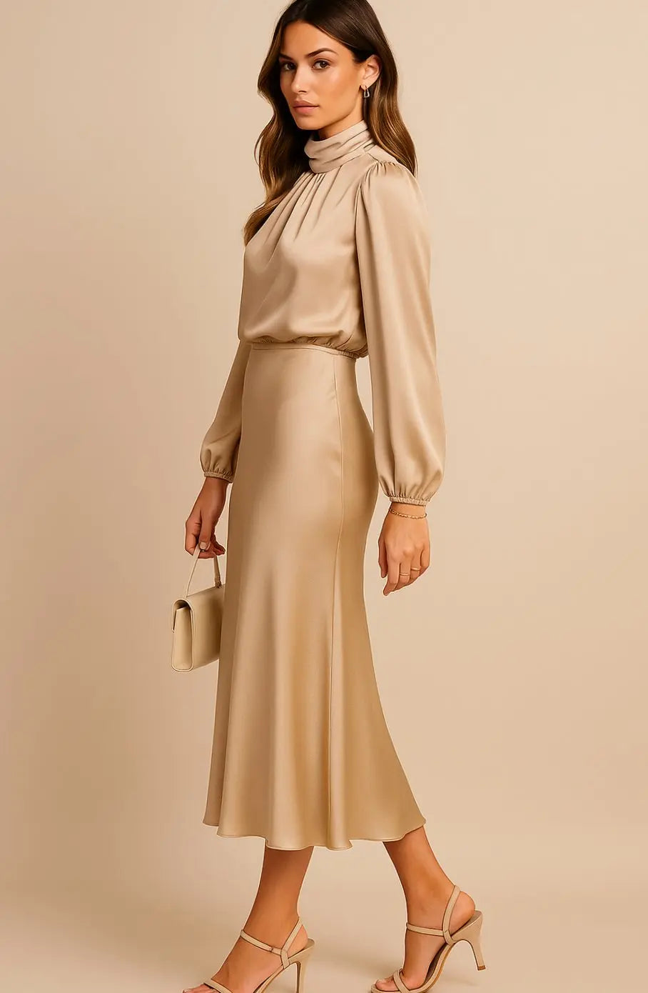 Women's High-Waist Satin Long-Sleeve Mock-Neck Midi Dress