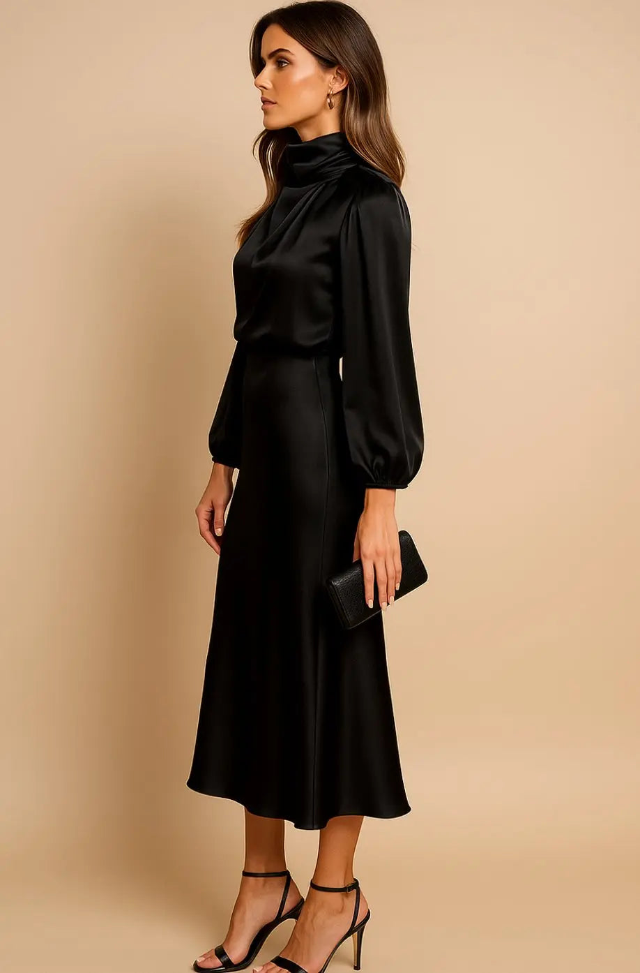 Women's High-Waist Satin Long-Sleeve Mock-Neck Midi Dress