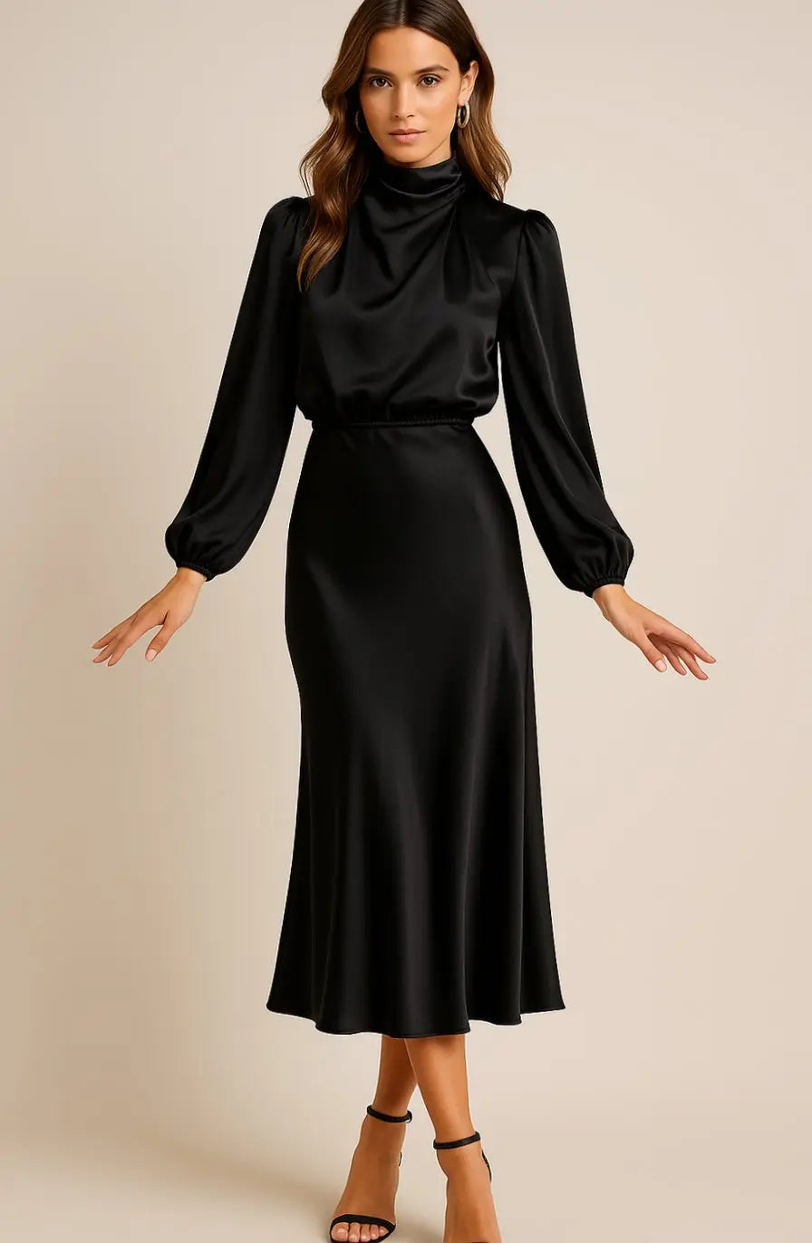 Women's High-Waist Satin Long-Sleeve Mock-Neck Midi Dress