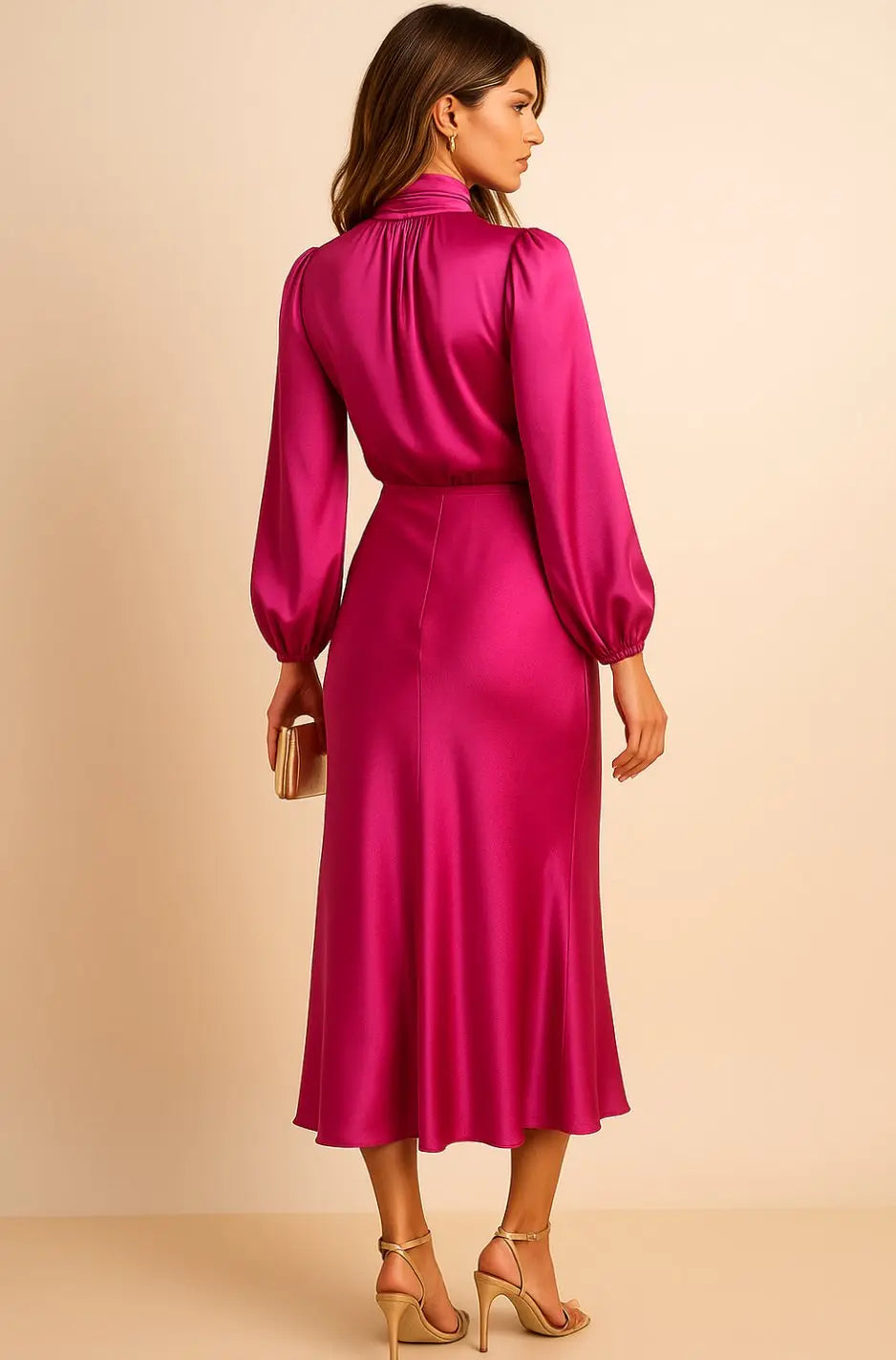 Women's High-Waist Satin Long-Sleeve Mock-Neck Midi Dress