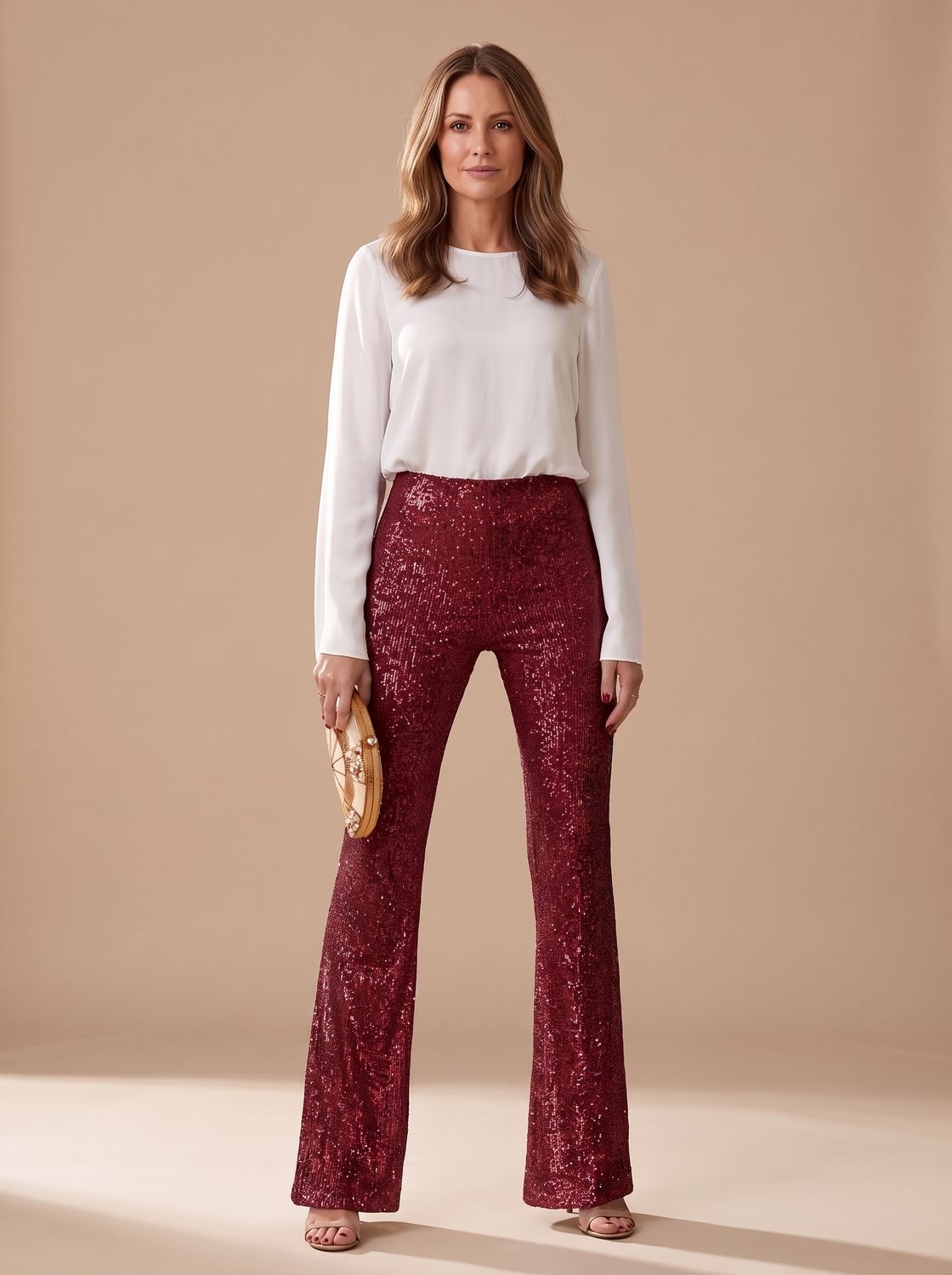 Women's High-Waist Sequin Flare Trousers Party Occasion - Wine Red