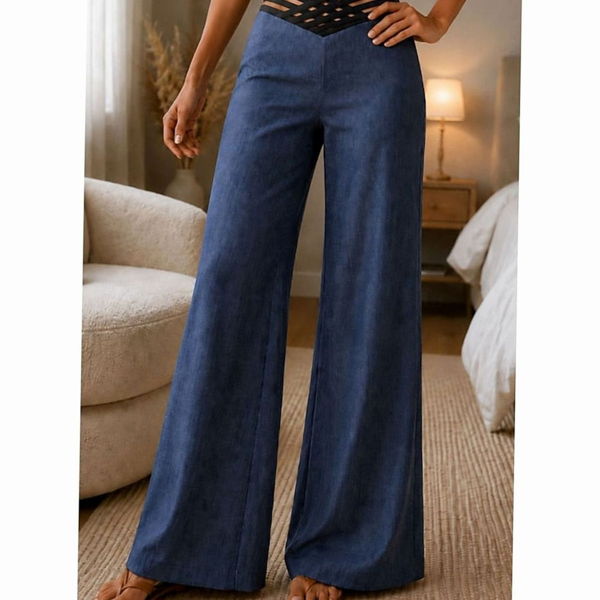 Women's High-Waist Wide-Leg Crossover Waistband Trousers - Royal Blue