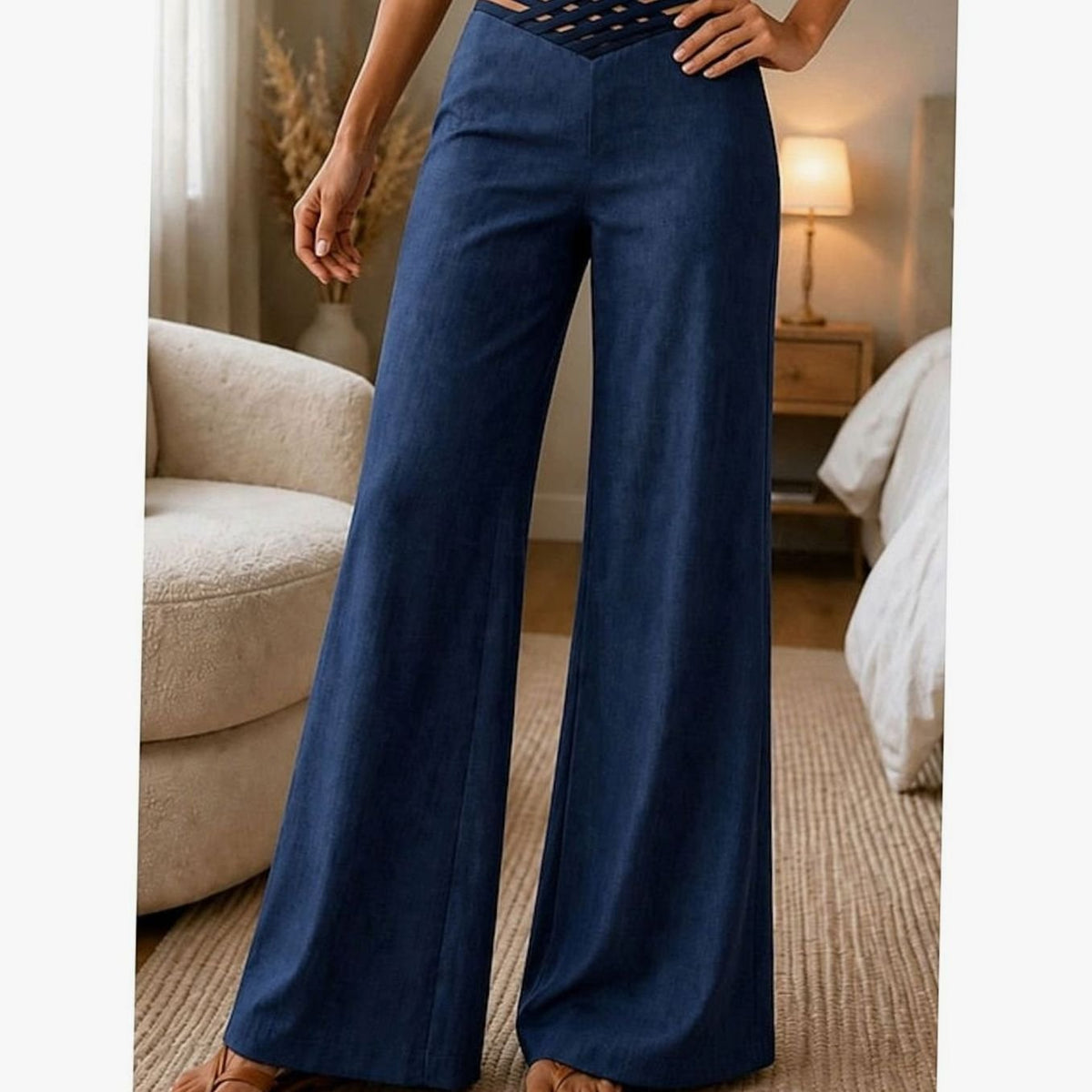 Women's High-Waist Wide-Leg Crossover Waistband Trousers - Navy Blue