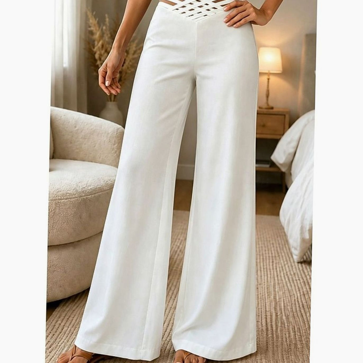Women's High-Waist Wide-Leg Crossover Waistband Trousers - White
