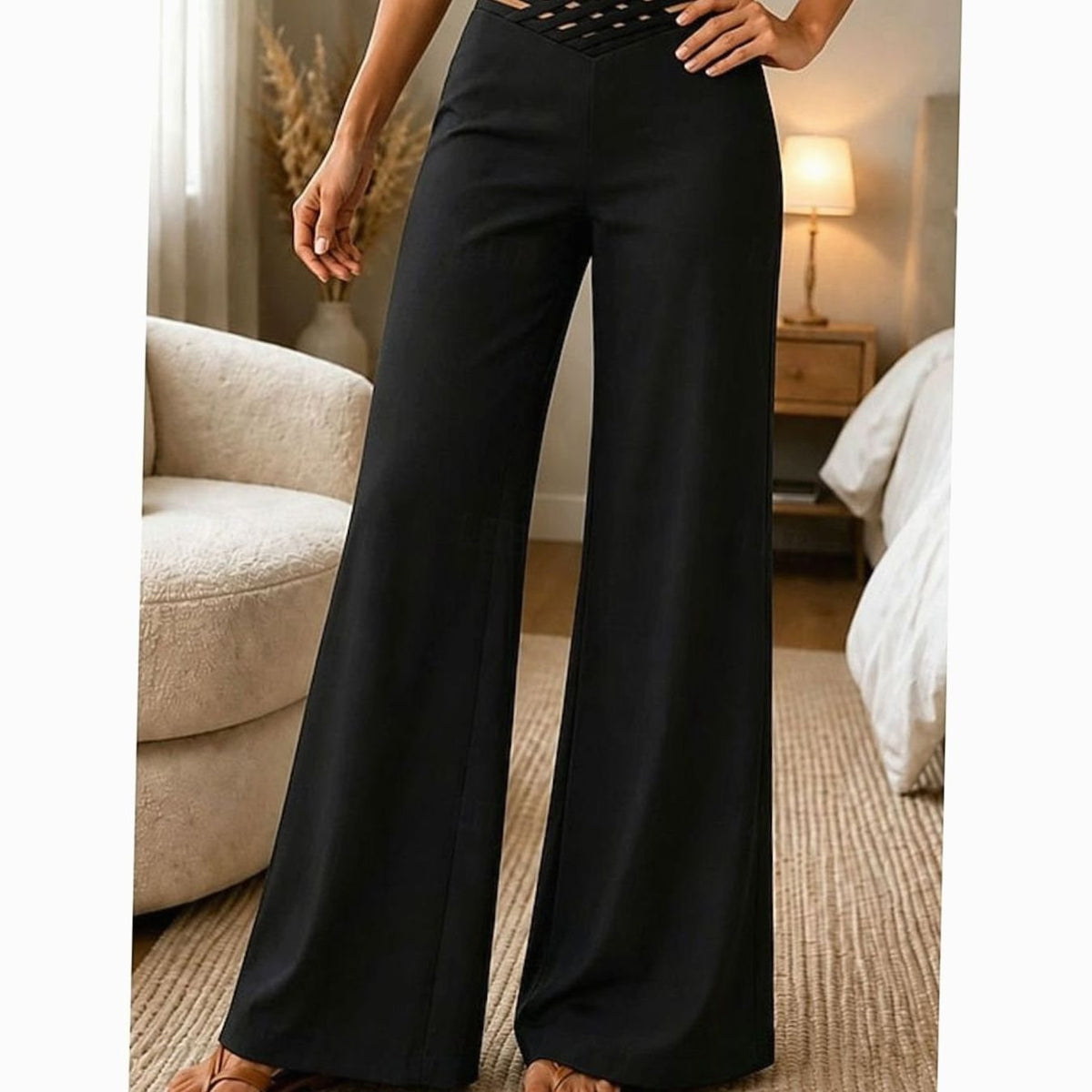 Women's High-Waist Wide-Leg Crossover Waistband Trousers - Black