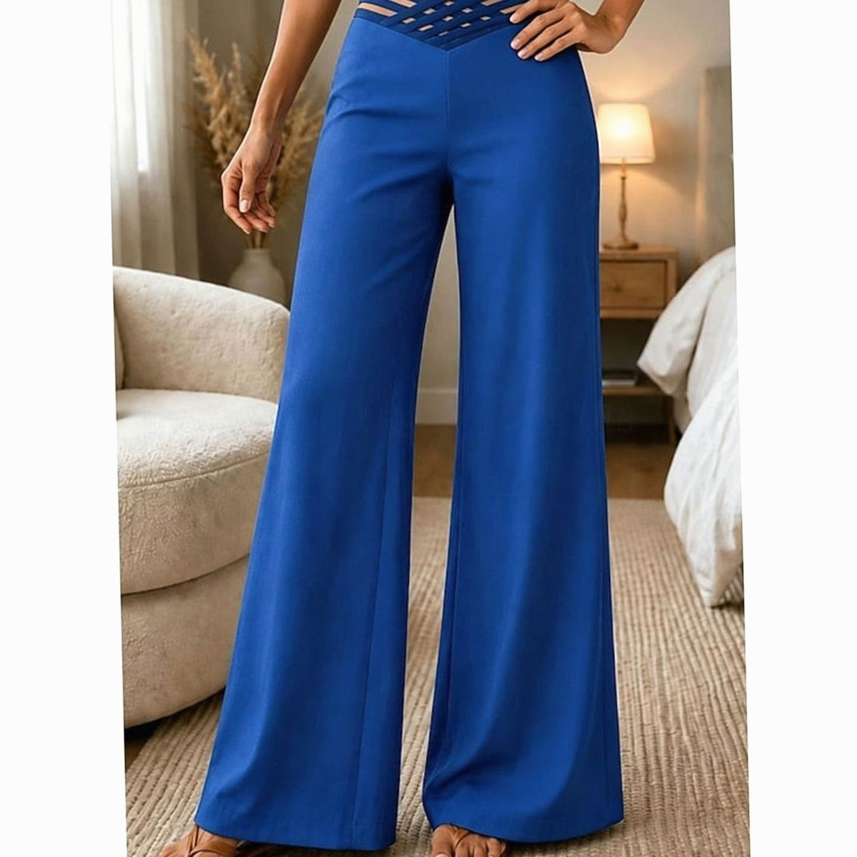 Women's High-Waist Wide-Leg Crossover Waistband Trousers - Blue