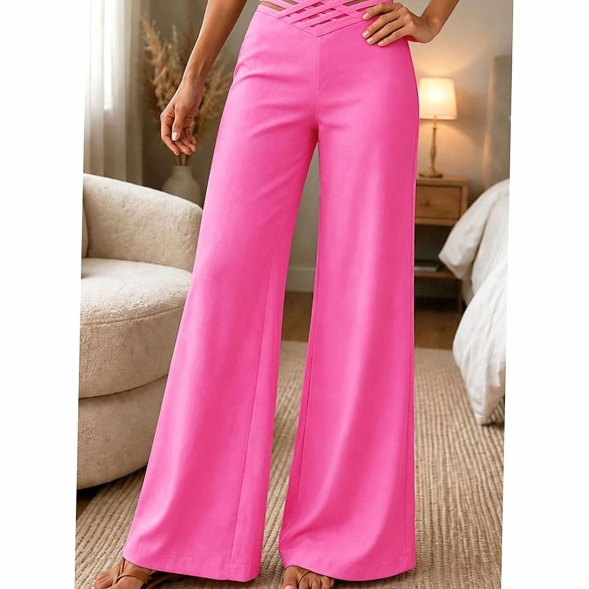Women's High-Waist Wide-Leg Crossover Waistband Trousers - Fuchsia