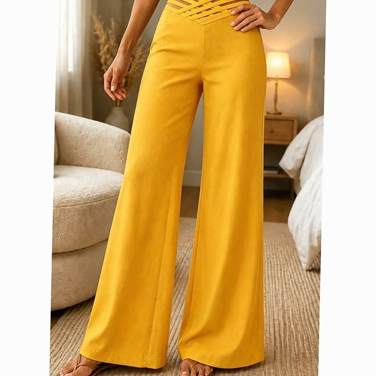 Women's High-Waist Wide-Leg Crossover Waistband Trousers - Yellow