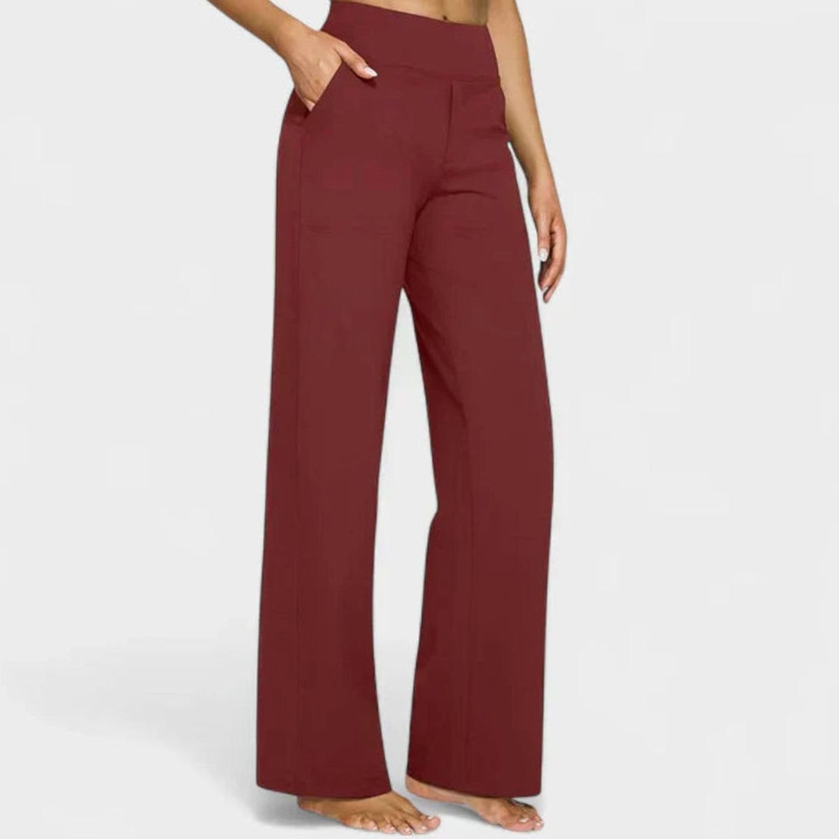 Women's High-Waist Wide-Leg Straight Trousers Pockets - Red
