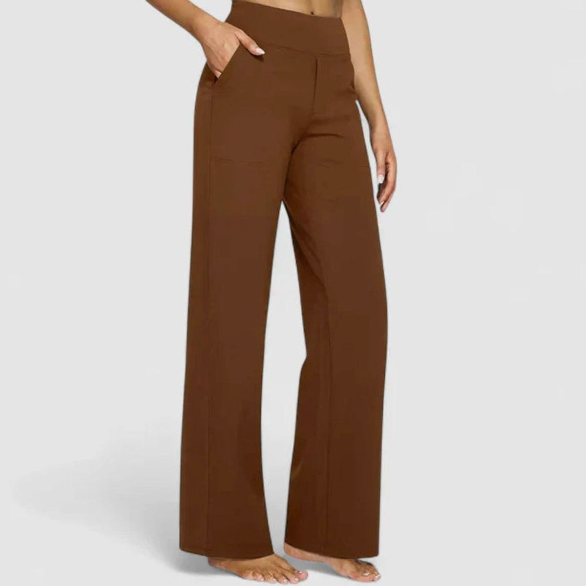 Women's High-Waist Wide-Leg Straight Trousers Pockets - Brown