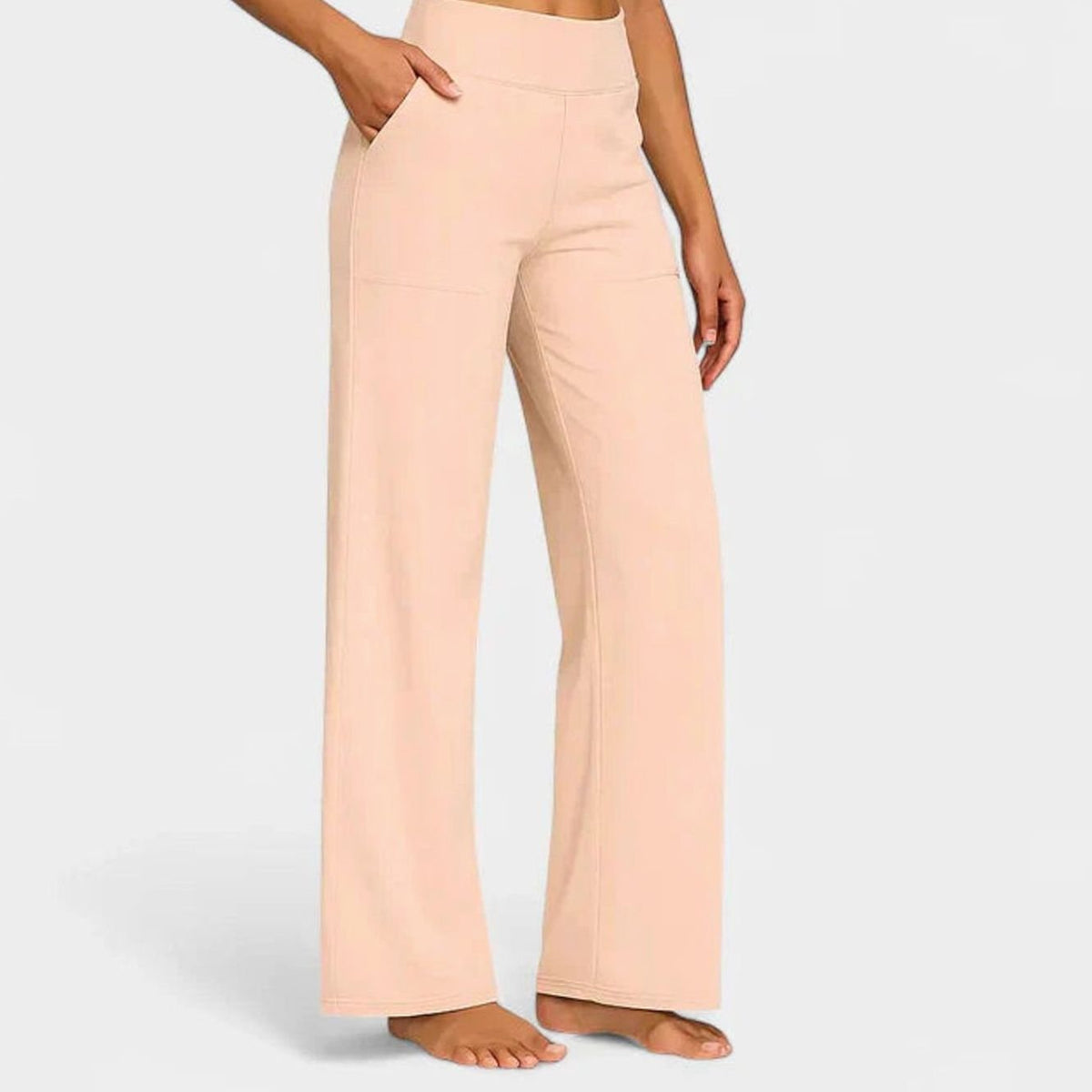 Women's High-Waist Wide-Leg Straight Trousers Pockets - Apricot