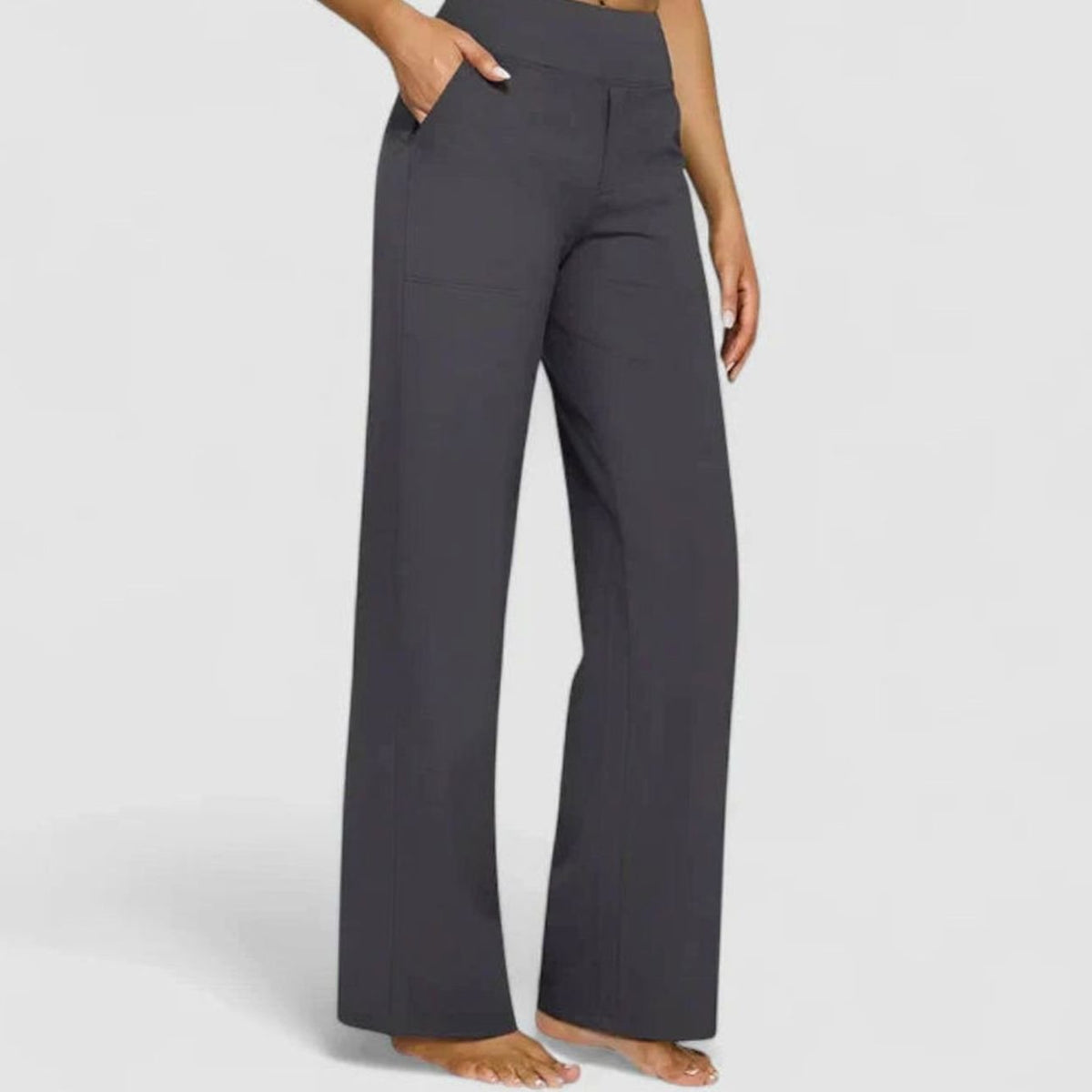 Women's High-Waist Wide-Leg Straight Trousers Pockets - Grey