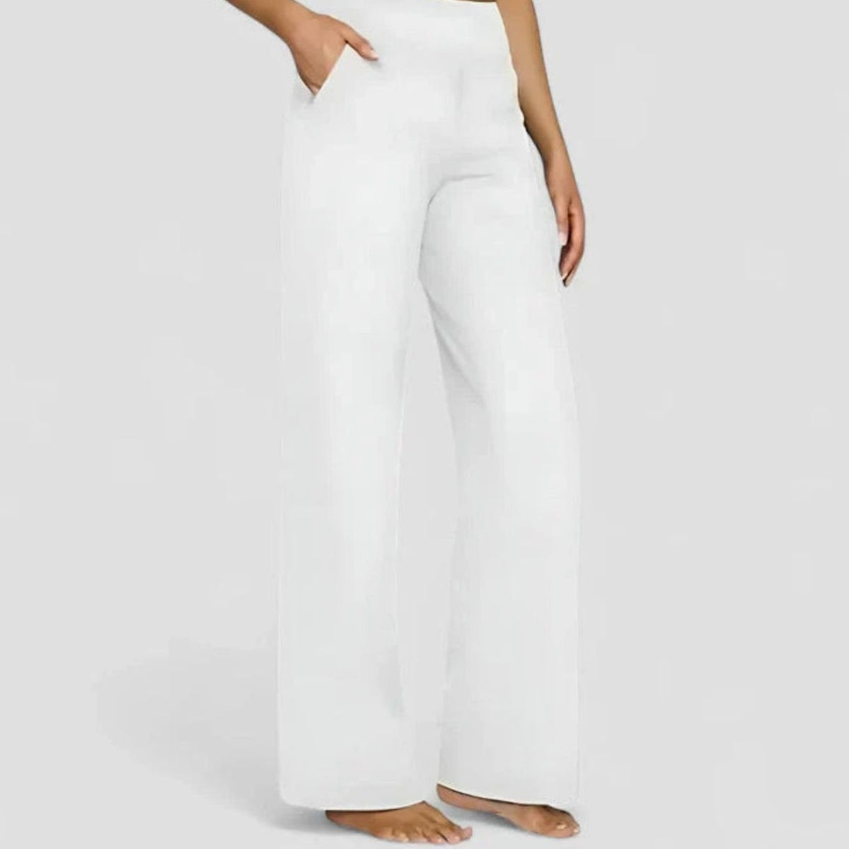 Women's High-Waist Wide-Leg Straight Trousers Pockets - White