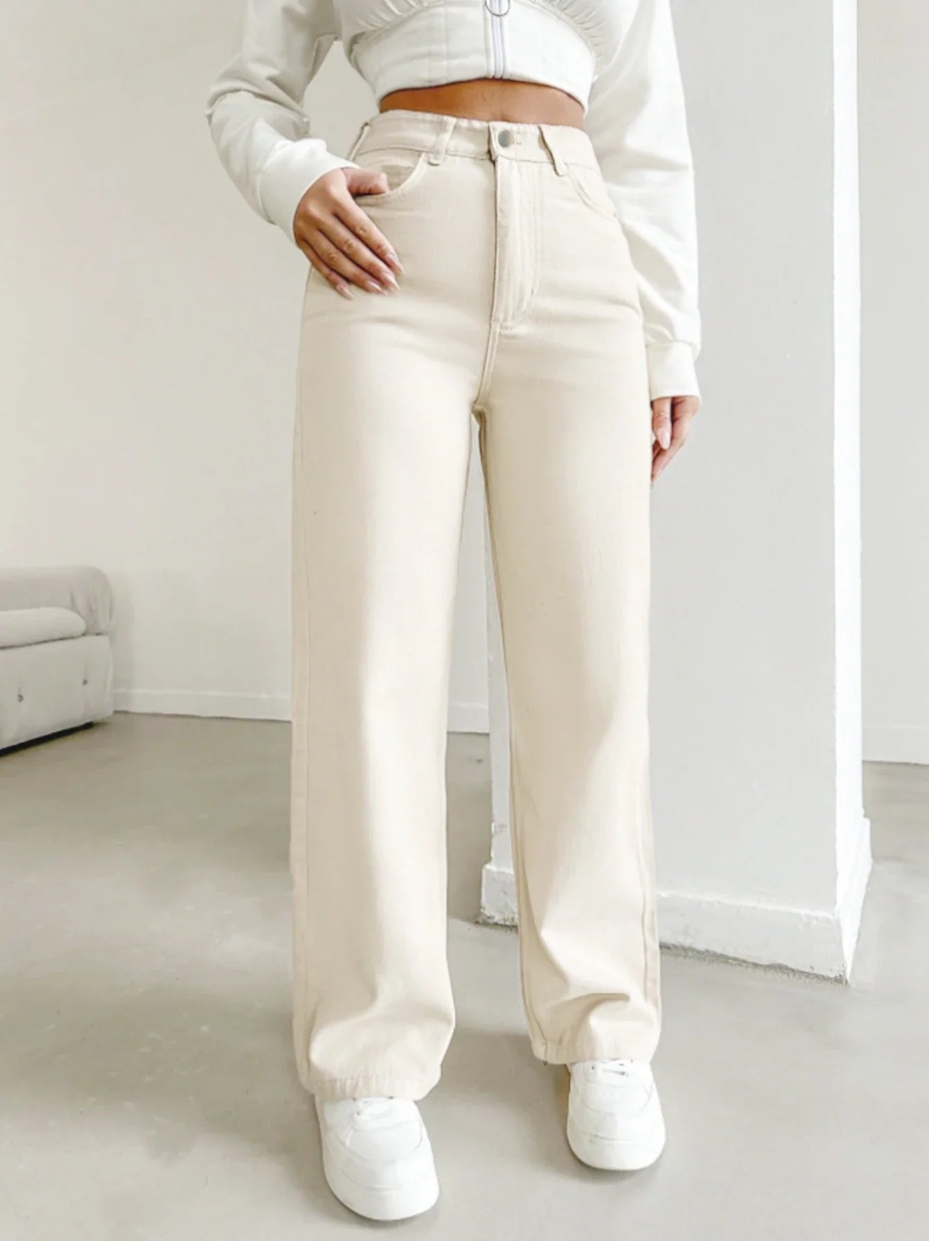 Women's High Waisted Loose Fit Denim Trousers Wide Leg - Ivory