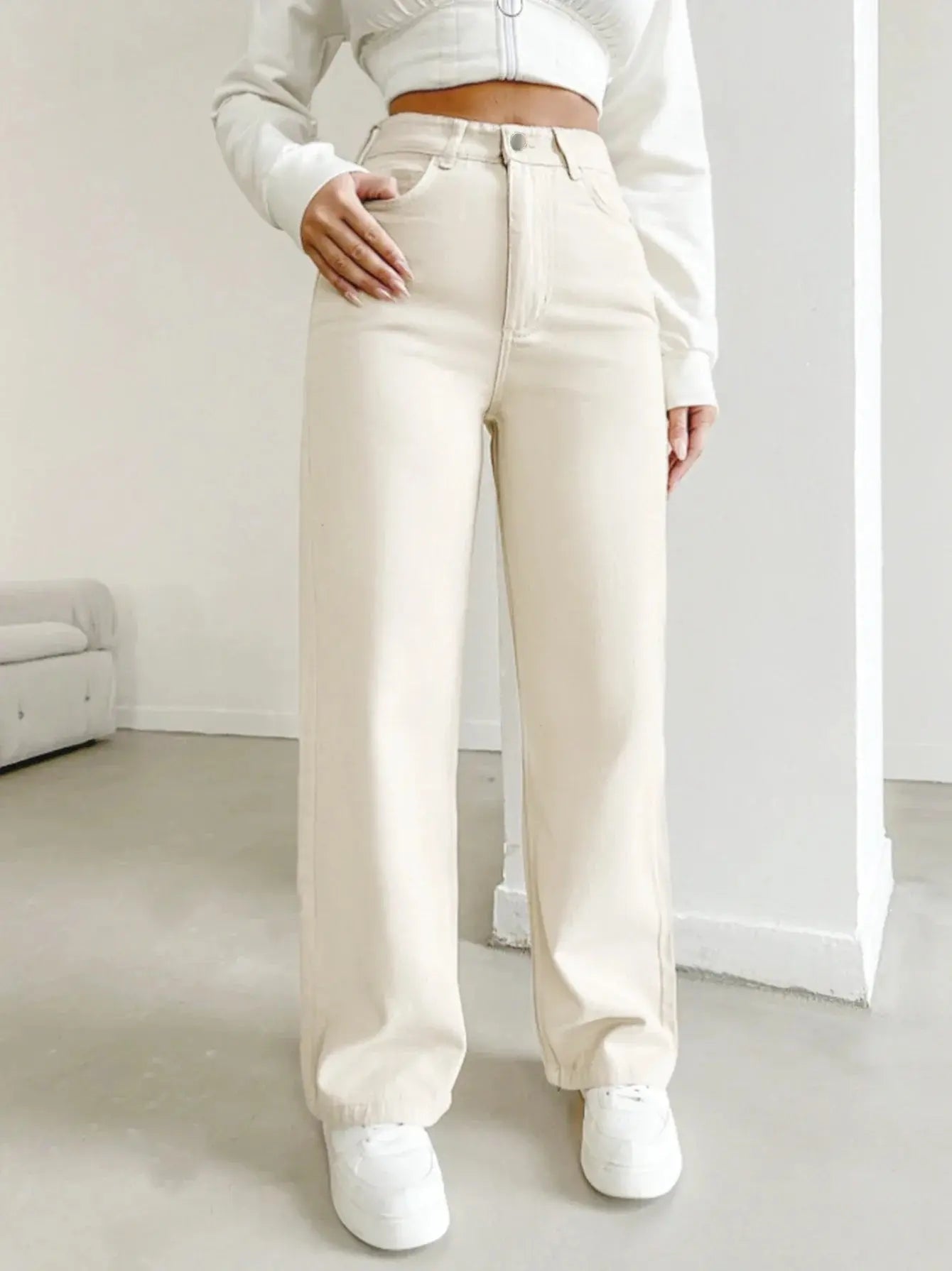 Women's High Waisted Loose Fit Denim Trousers Wide Leg - Ivory
