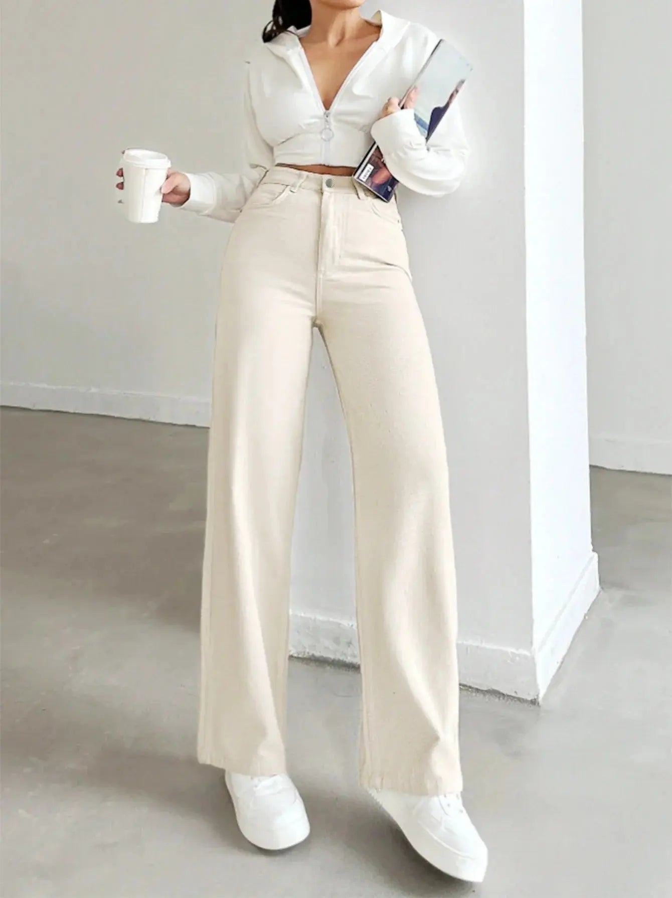 Women's High Waisted Loose Fit Denim Trousers Wide Leg