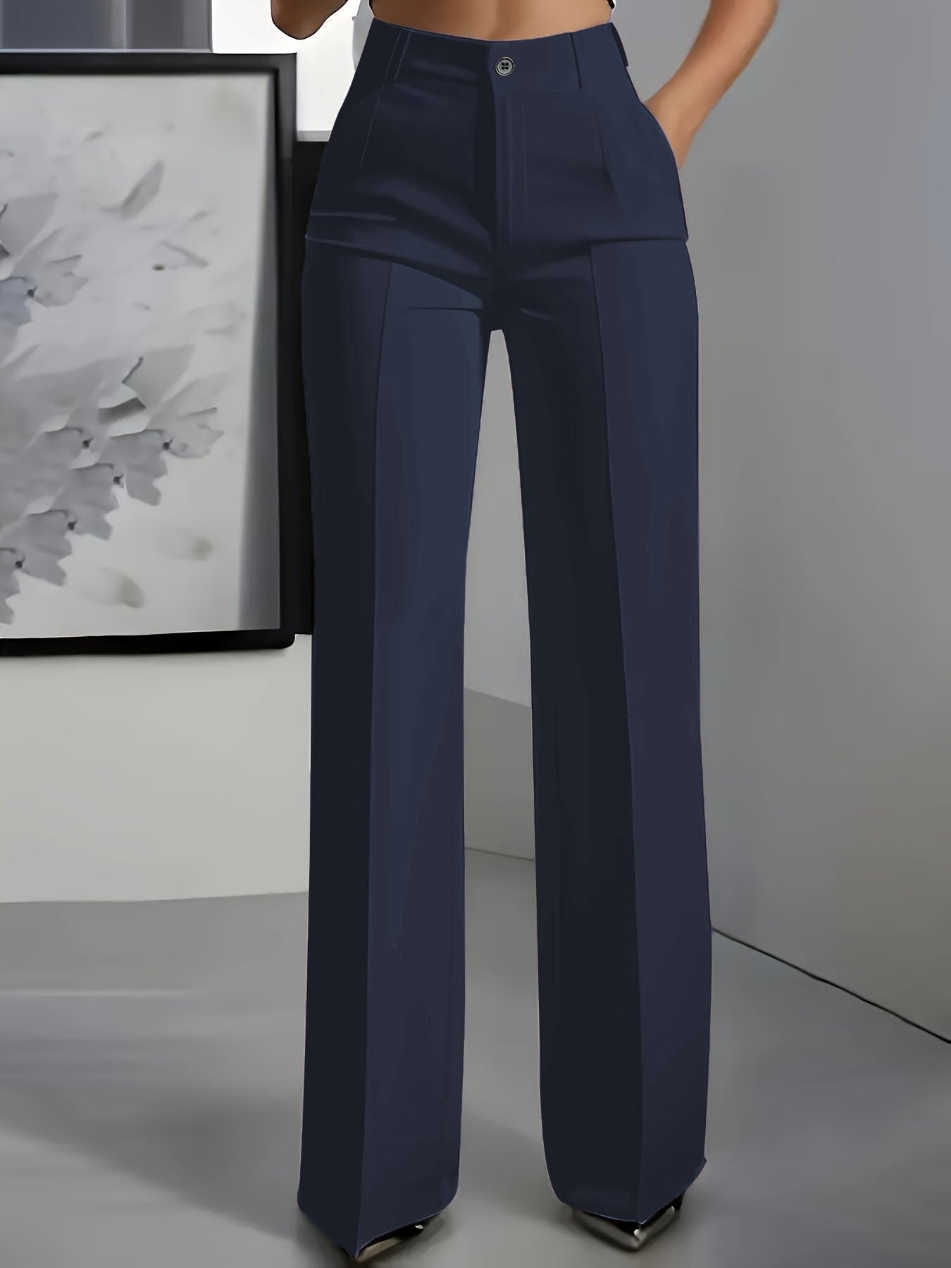 Women's High Waisted Wide Leg Trousers with Front Pleats - Dunkelblau