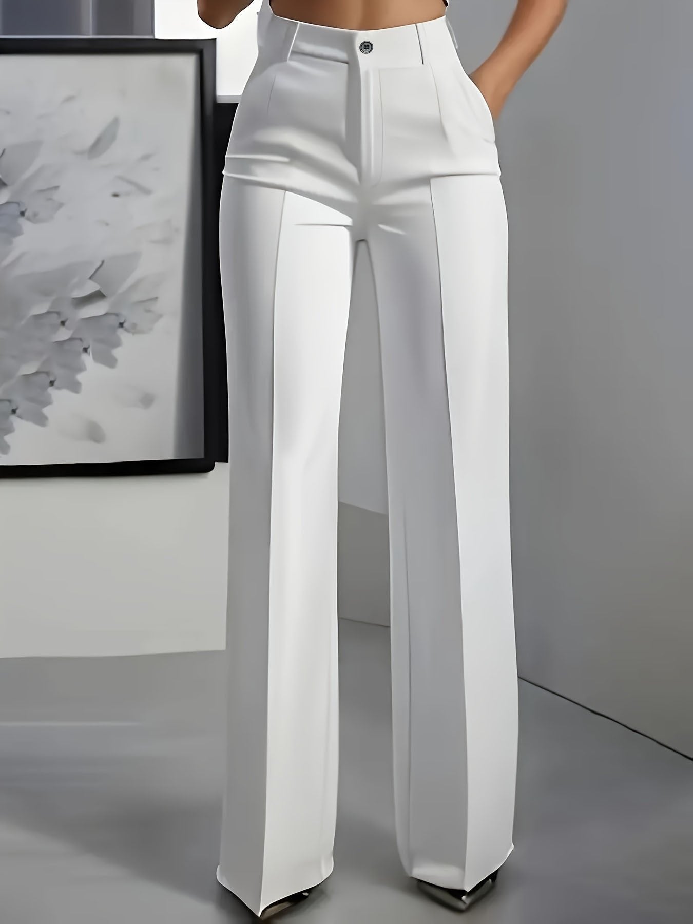 Women's High Waisted Wide Leg Trousers with Front Pleats - Weiß