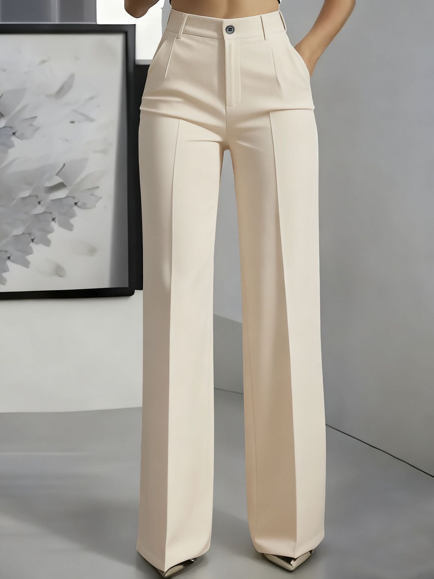 Women's High Waisted Wide Leg Trousers with Front Pleats - Aprikose