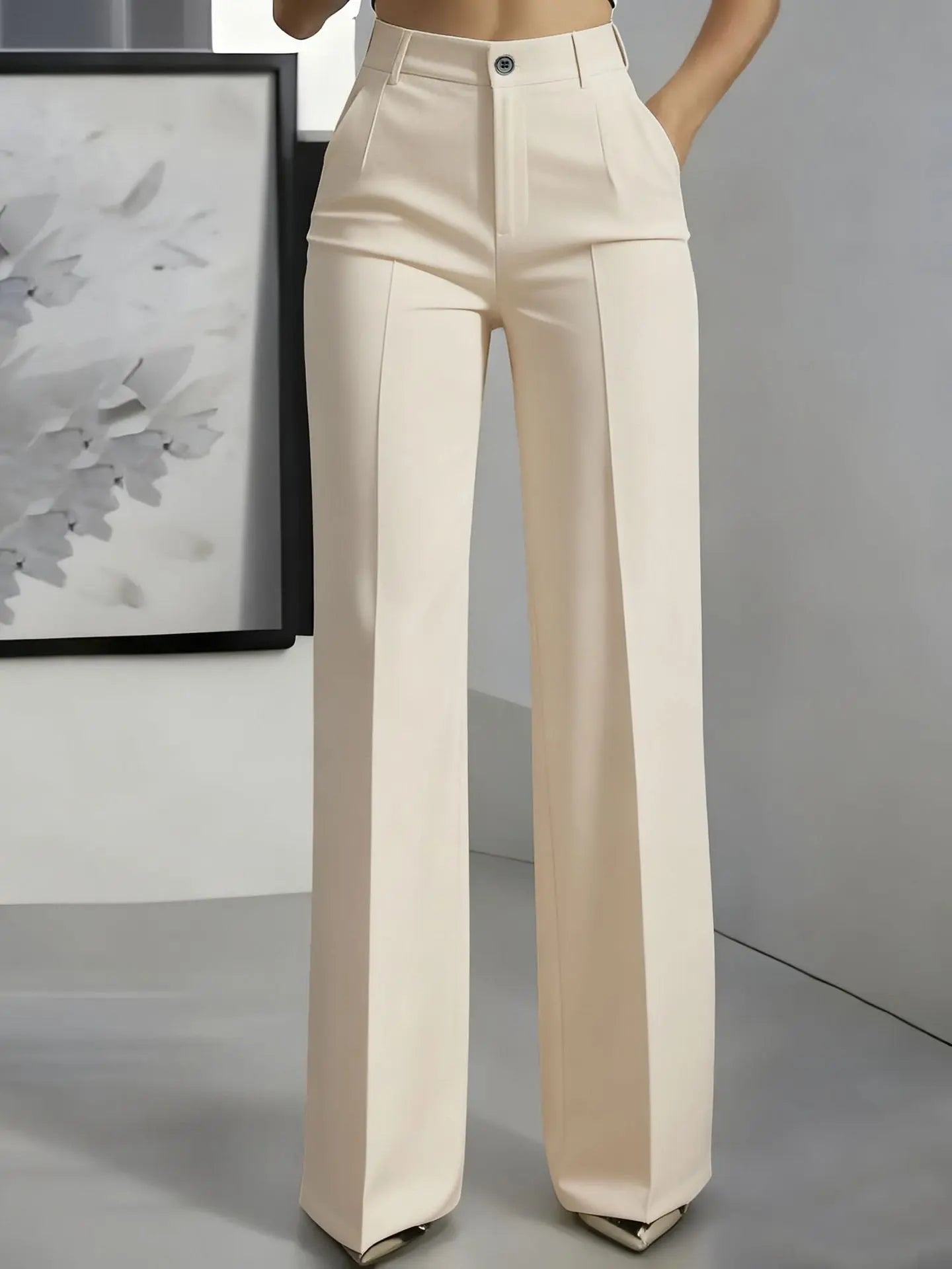 Women's High Waisted Wide Leg Trousers with Front Pleats - Aprikose