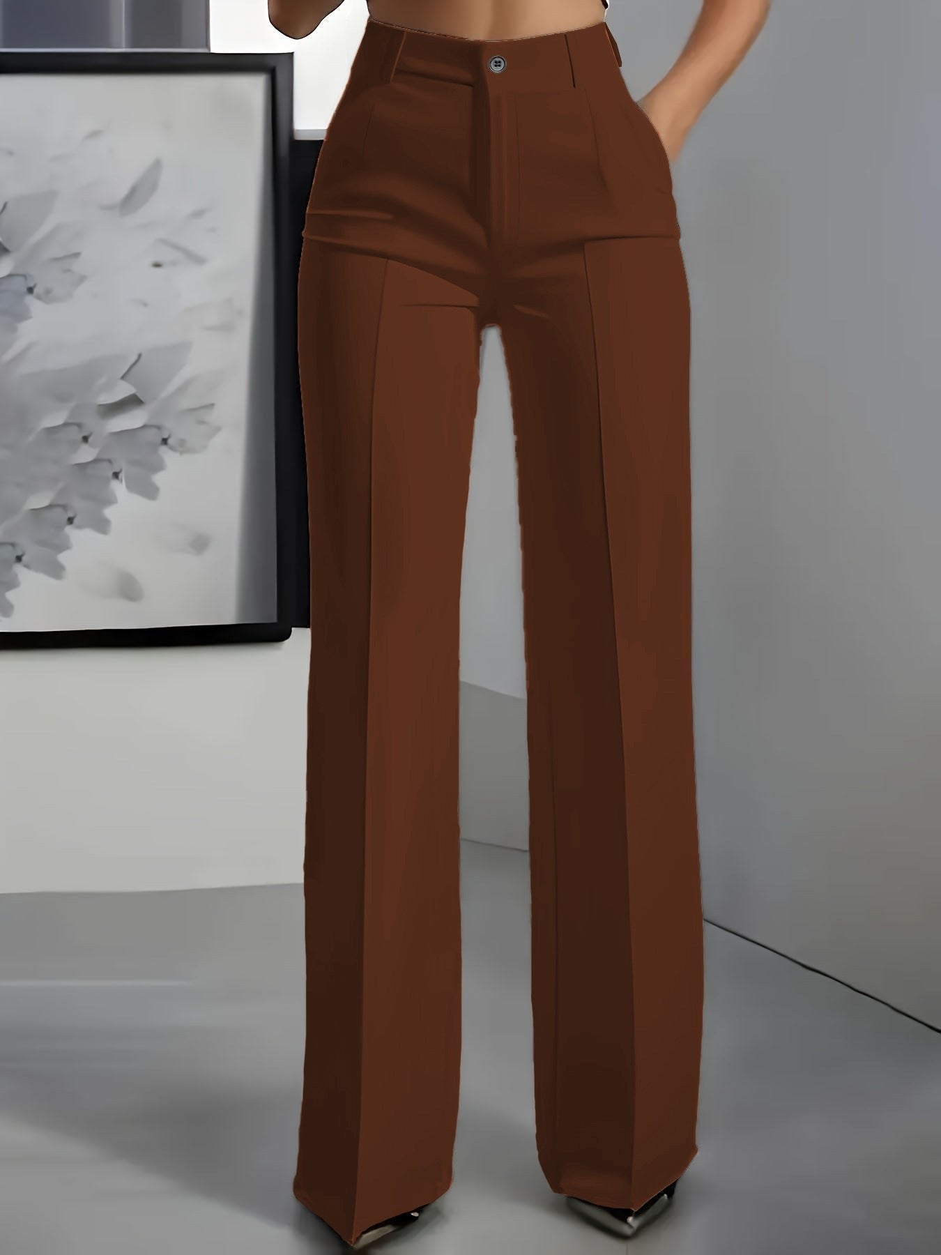 Women's High Waisted Wide Leg Trousers with Front Pleats - Braun