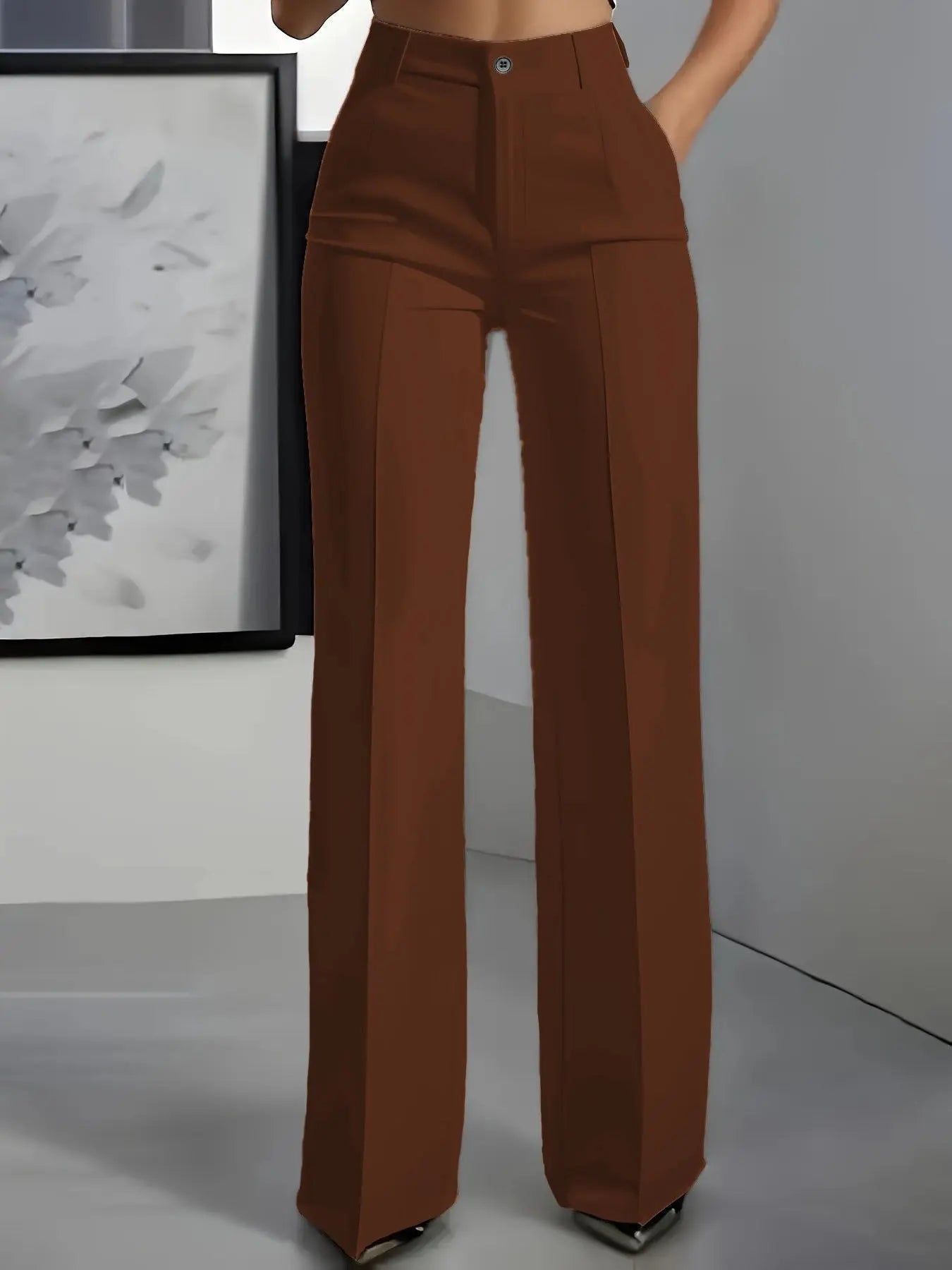 Women's High Waisted Wide Leg Trousers with Front Pleats - Braun