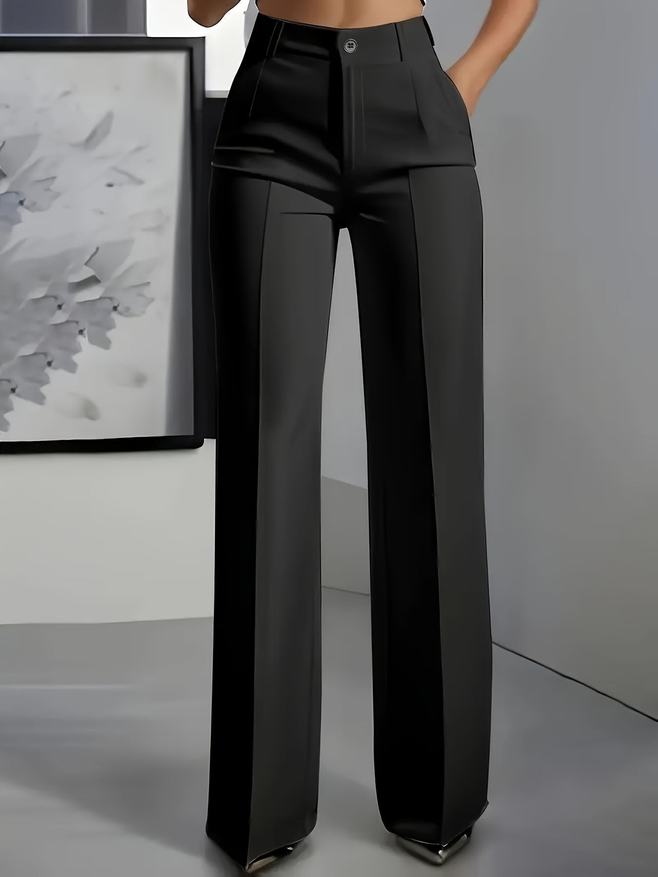 Women's High Waisted Wide Leg Trousers with Front Pleats - Schwarz