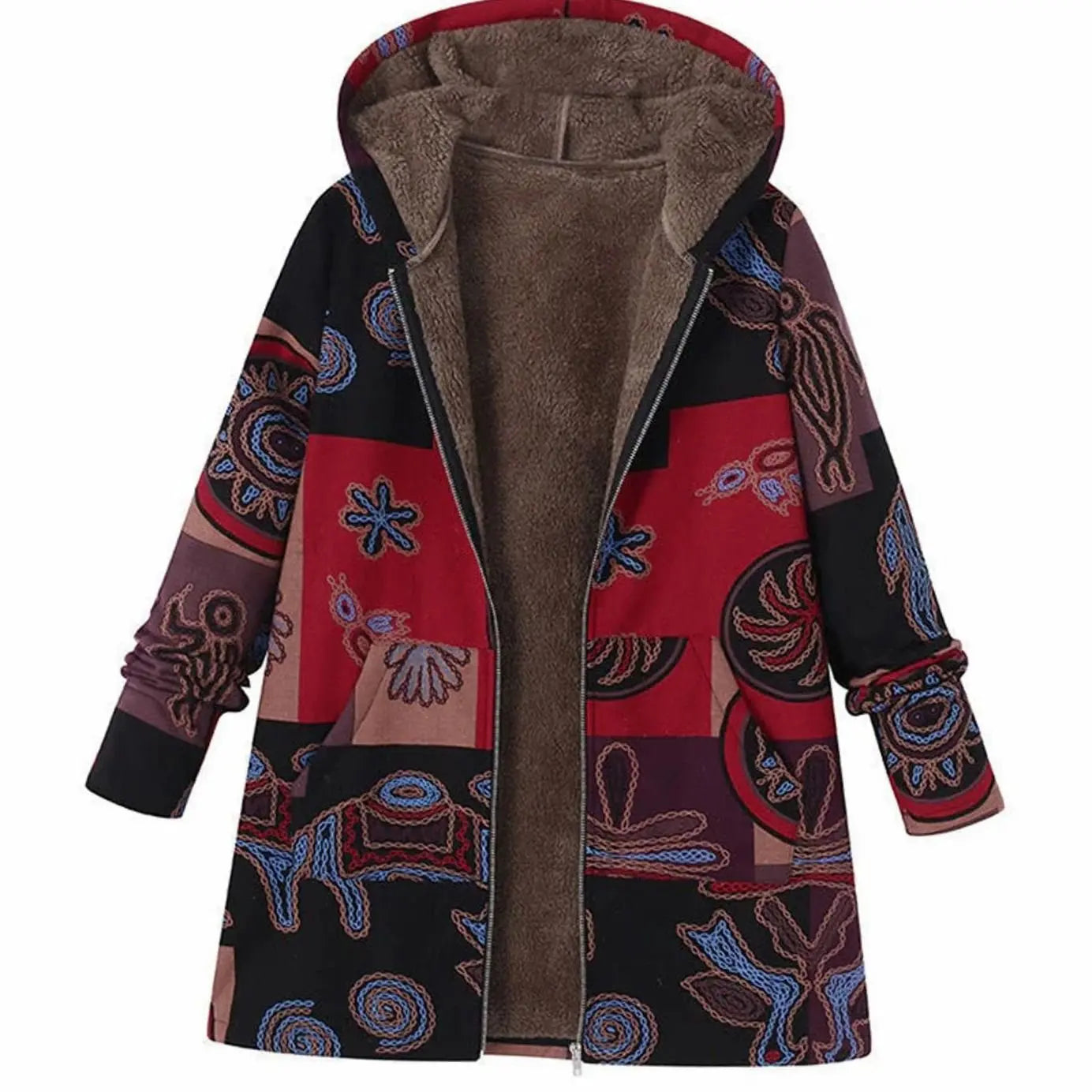 Women's Hooded Fleece-Lined Winter Floral Coat - Brown