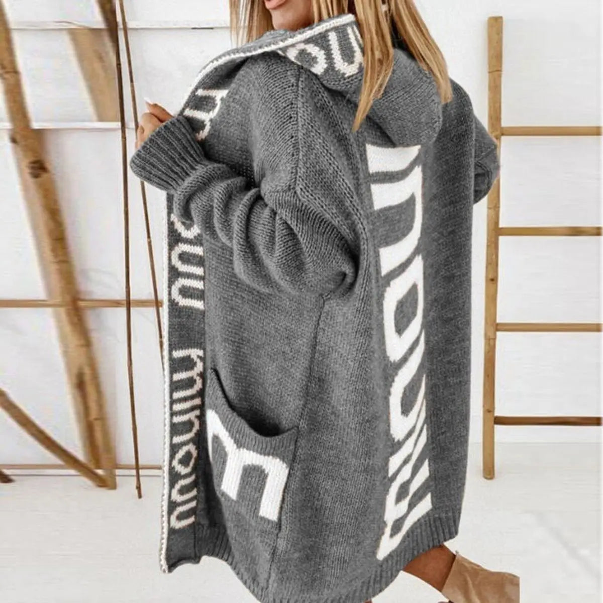 Women's Hooded Knit Open-Front Cardigan Quilted Jacket Women - Grey