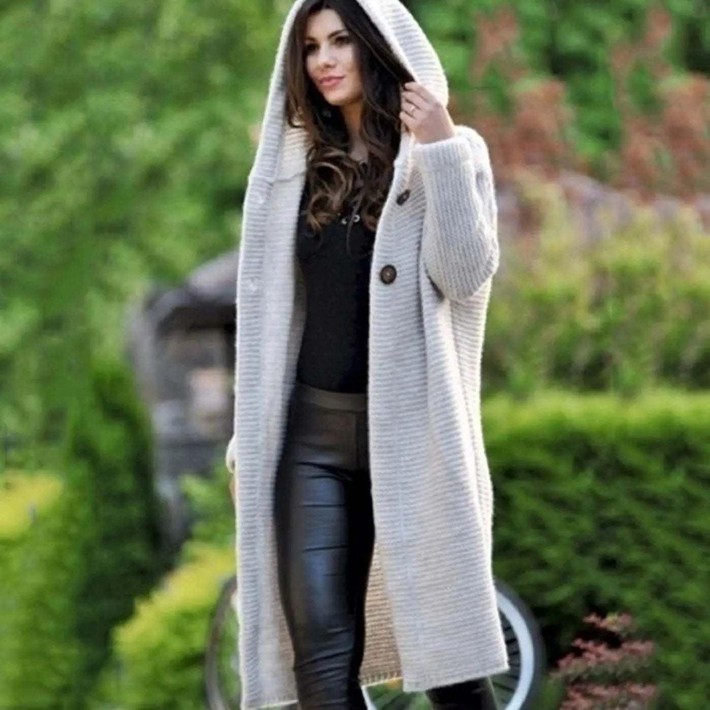 Women's Hooded Long Knit Maxi Cardigan Ribbed Open Front - Beige