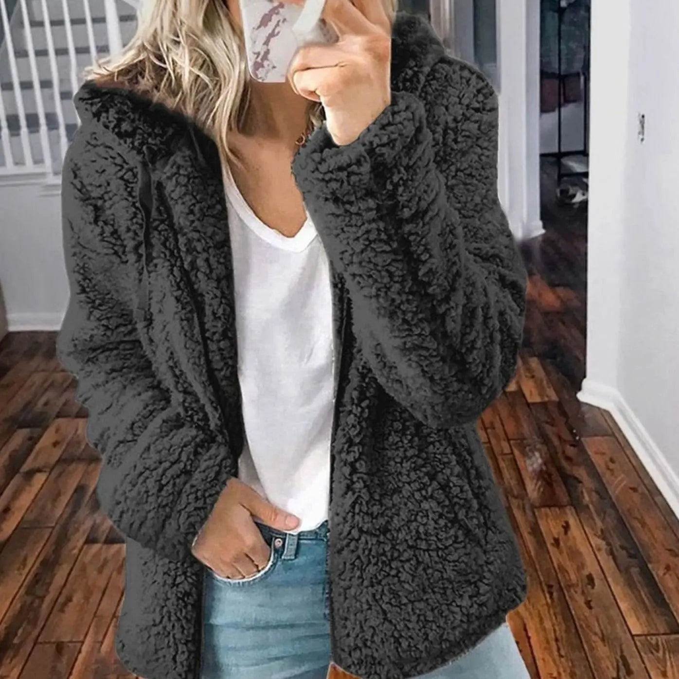 Women's Hooded Open Front Fleece Teddy Jacket - Black