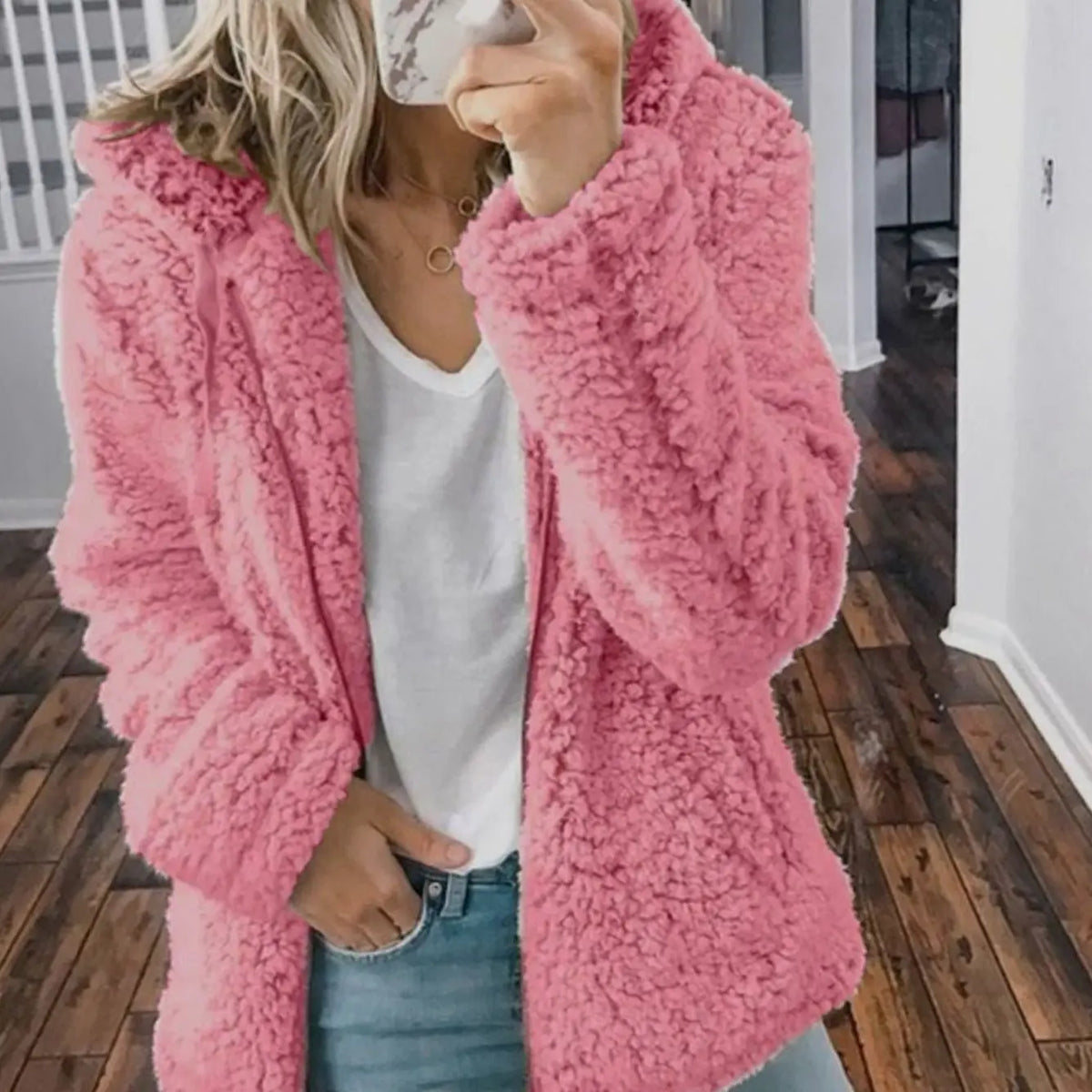 Women's Hooded Open Front Fleece Teddy Jacket - Pink