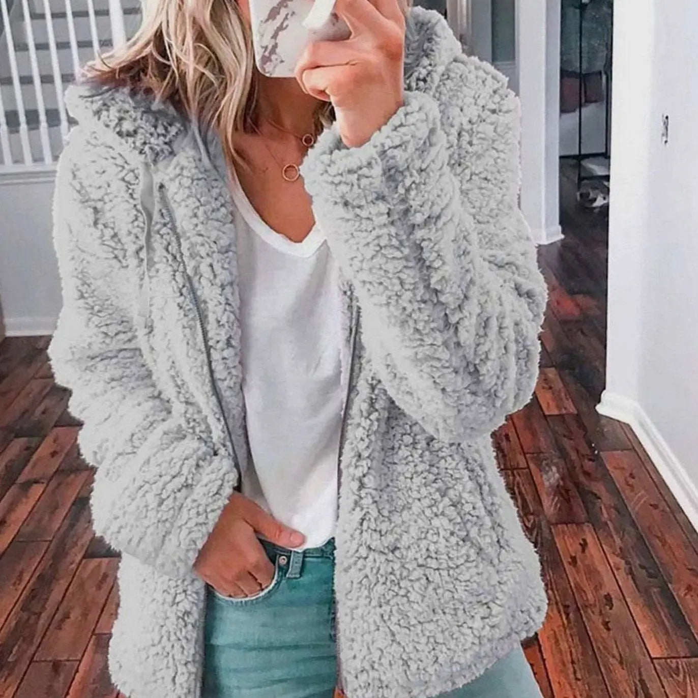Women's Hooded Open Front Fleece Teddy Jacket - Light Grey