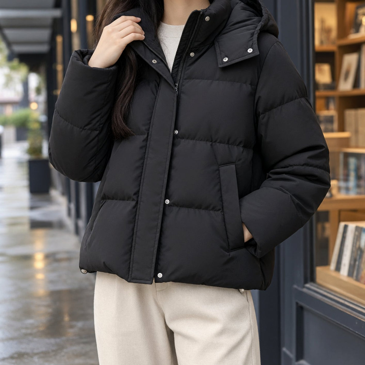 Women's Hooded Quilted Puffer Jacket Loose Waist-Length Fit - Classic Black