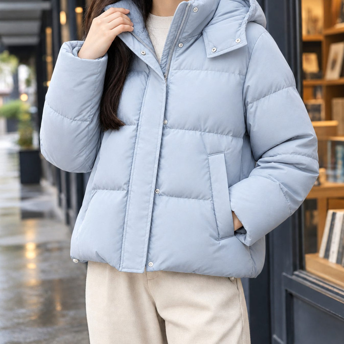 Women's Hooded Quilted Puffer Jacket Loose Waist-Length Fit - Sky Blue