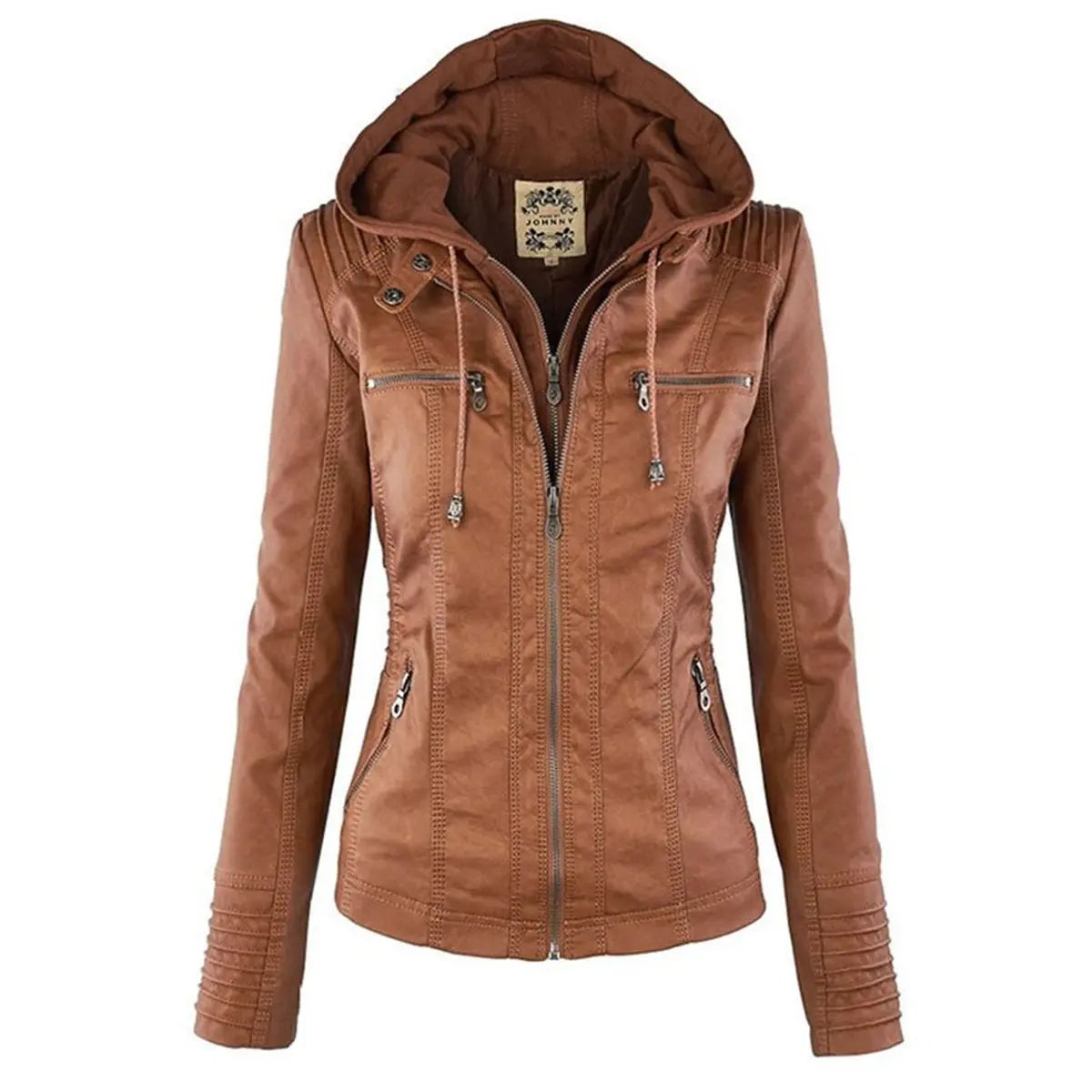Women's Hooded Removable-Hood Faux Leather Biker Coat