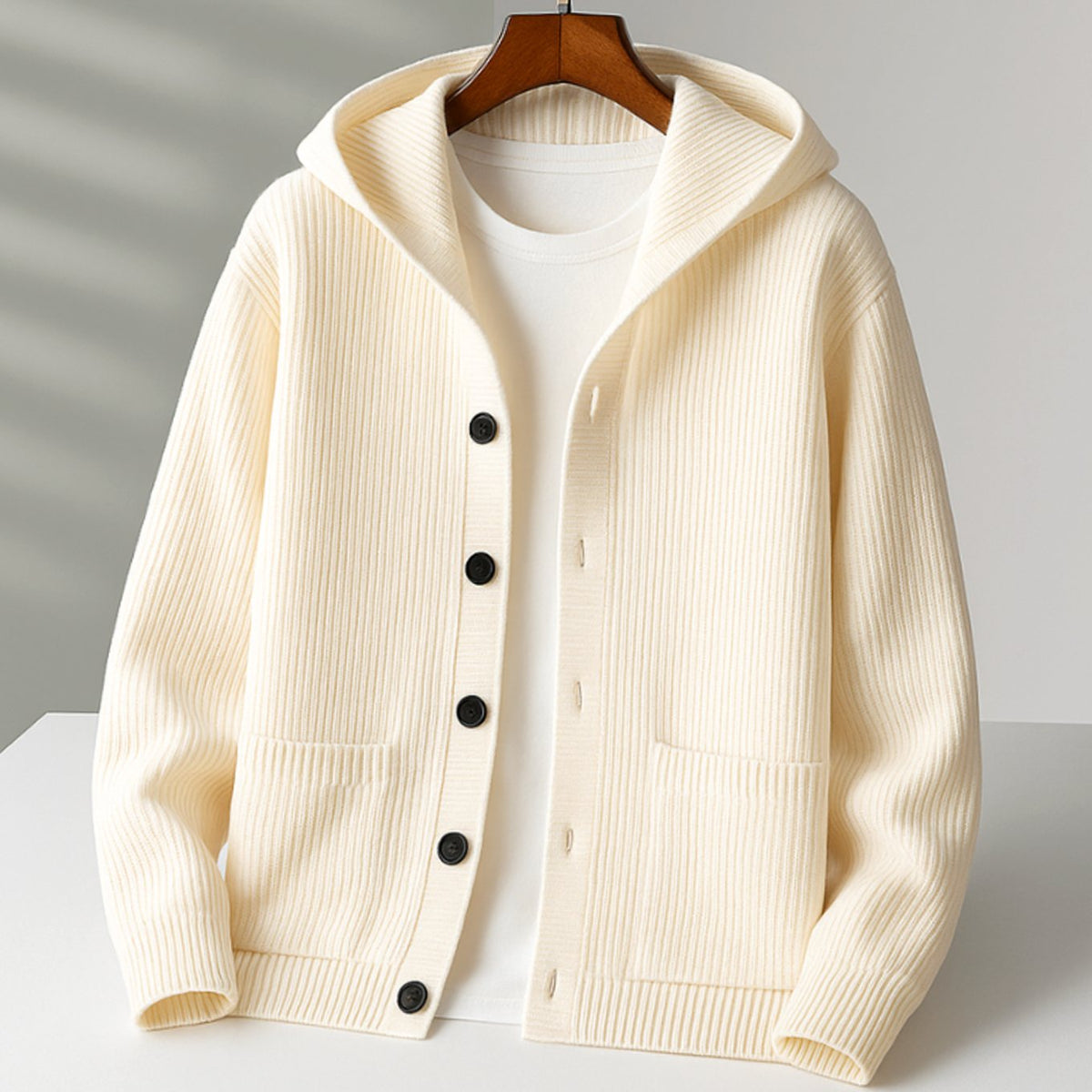 Women's Hooded Ribbed-Knit Button-Up Cardigan - Cream