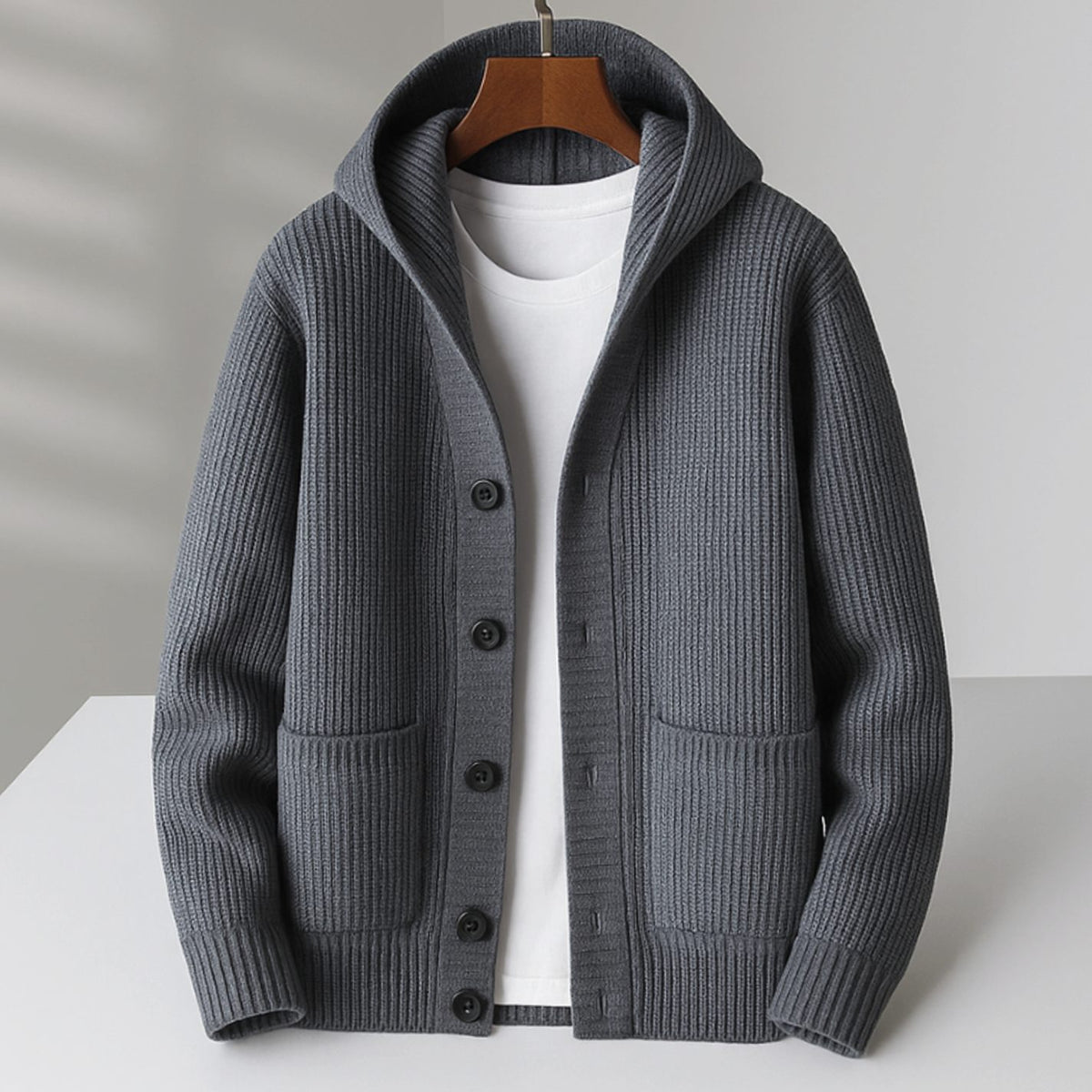 Women's Hooded Ribbed-Knit Button-Up Cardigan - Grey