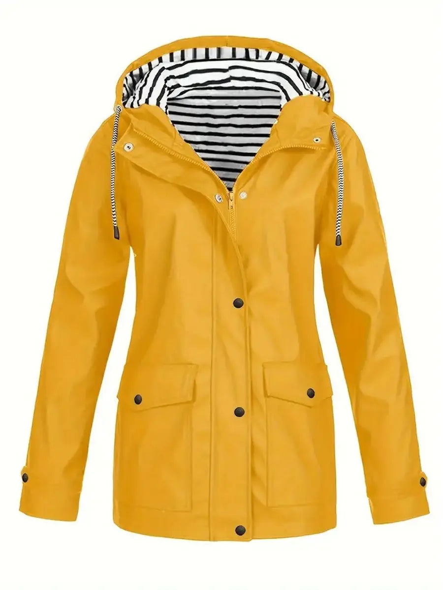 Women's Hooded Waterproof Striped-Lined Zip-Up Rain Coat - Yellow