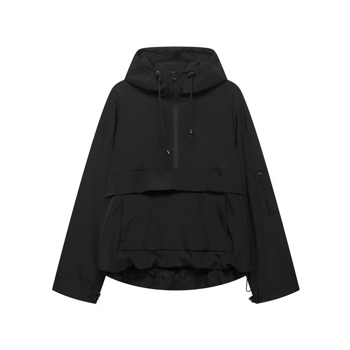 Women's Hooded Windproof Pullover Anorak Quilted Jacket - Black