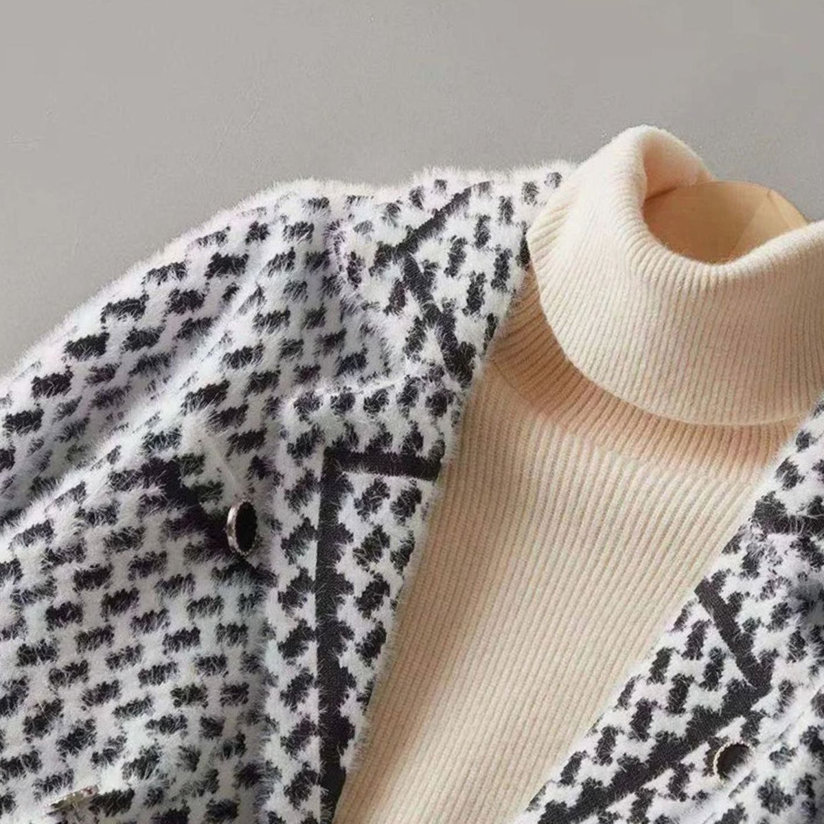 Women's Houndstooth Wool-Cashmere Button-Up Cardigan Jacket