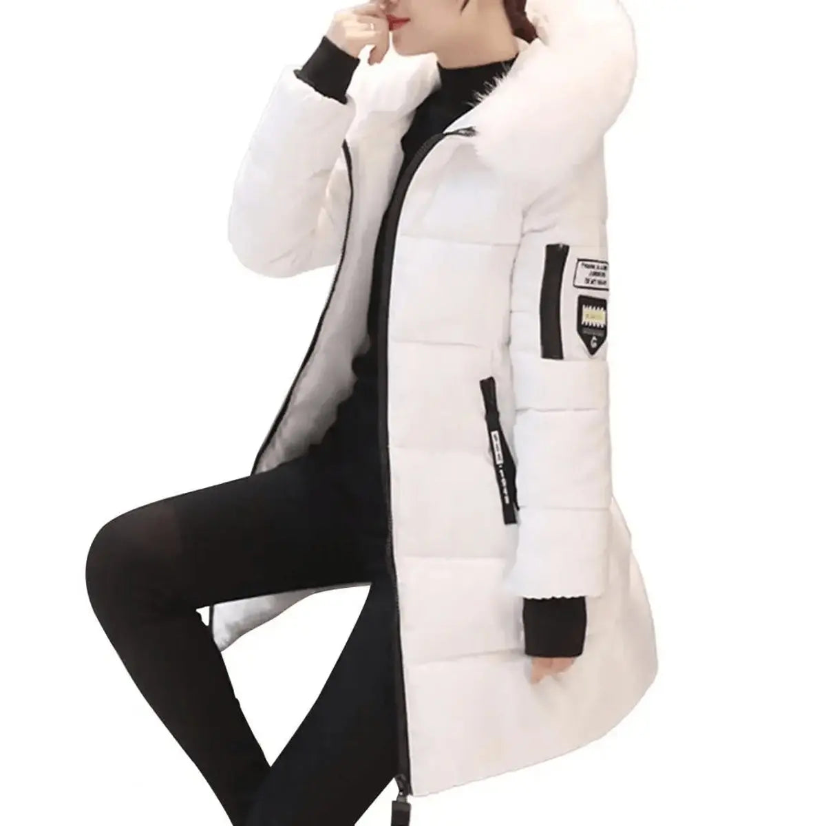 Women's Jacket Hooded Mid-Length Windproof Quilted Puffer Coat - White